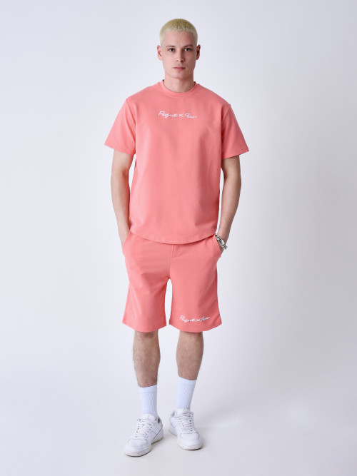 T-shirt clássica com bordados - Cor-de-rosa coral