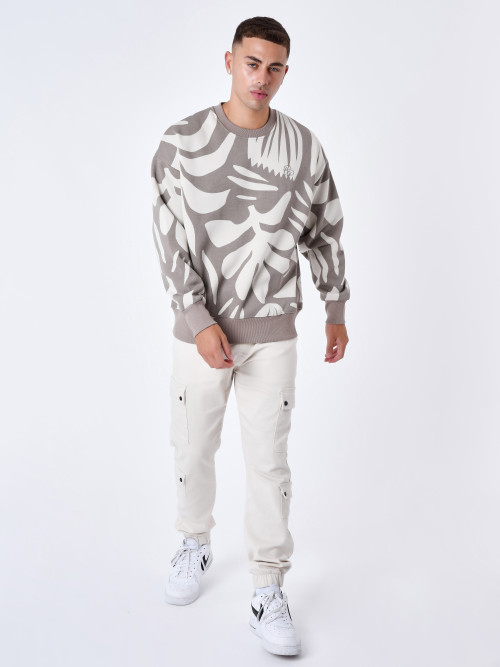 Round-neck sweatshirt with all-over abstract plant motif - Greige