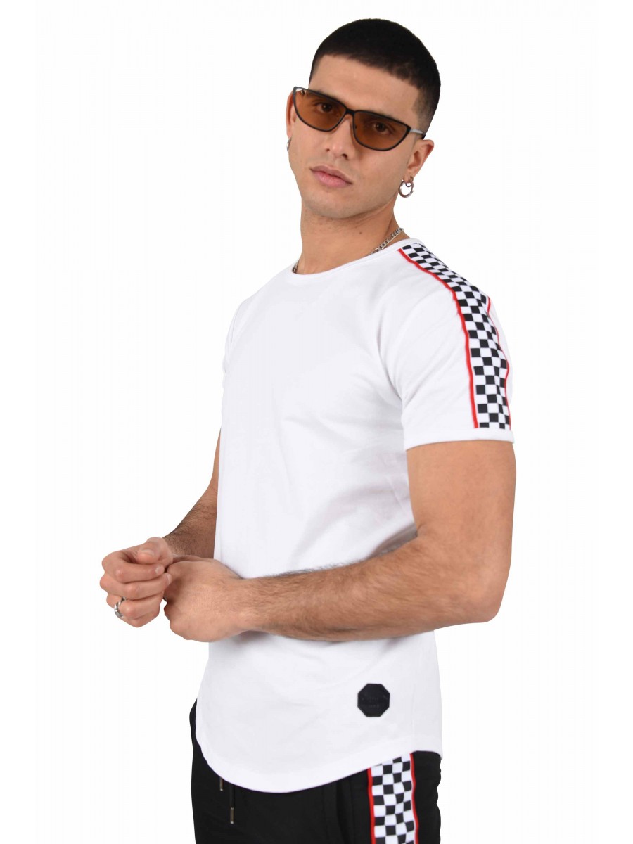Tee shirt with checkerboard and piping stripes