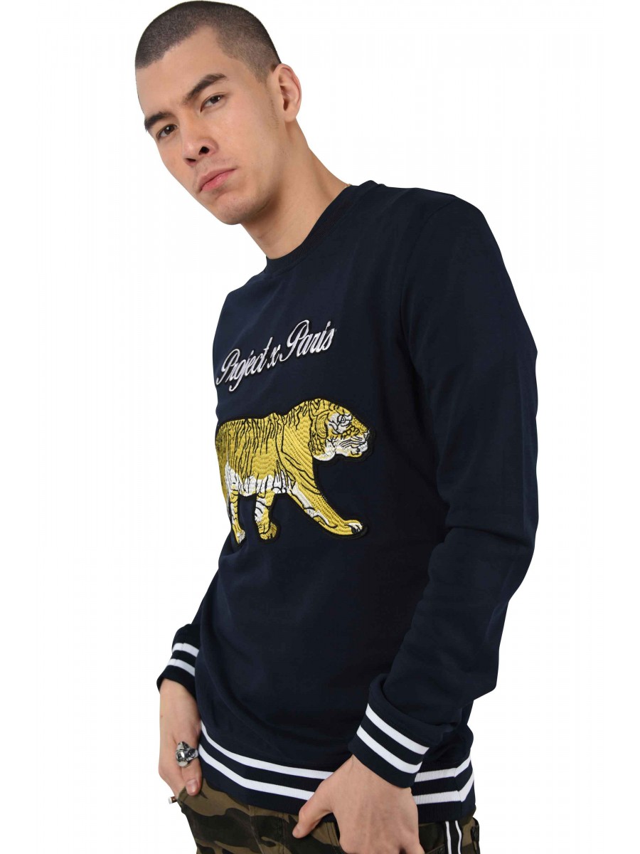 Sweatshirt with Embroidered Tiger and Contrast Piping