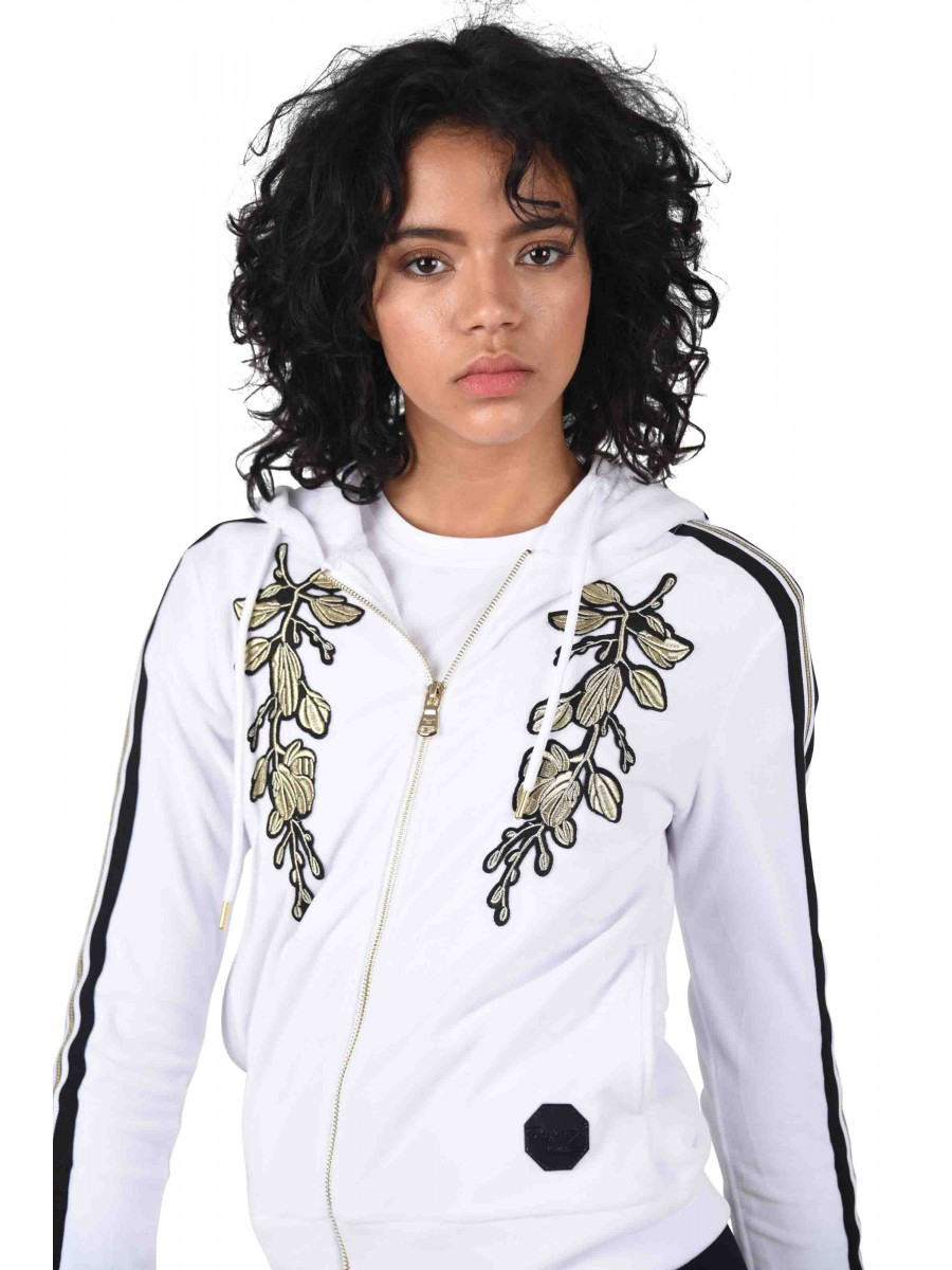 Velvet hoodie with floral embroidery and side stripes