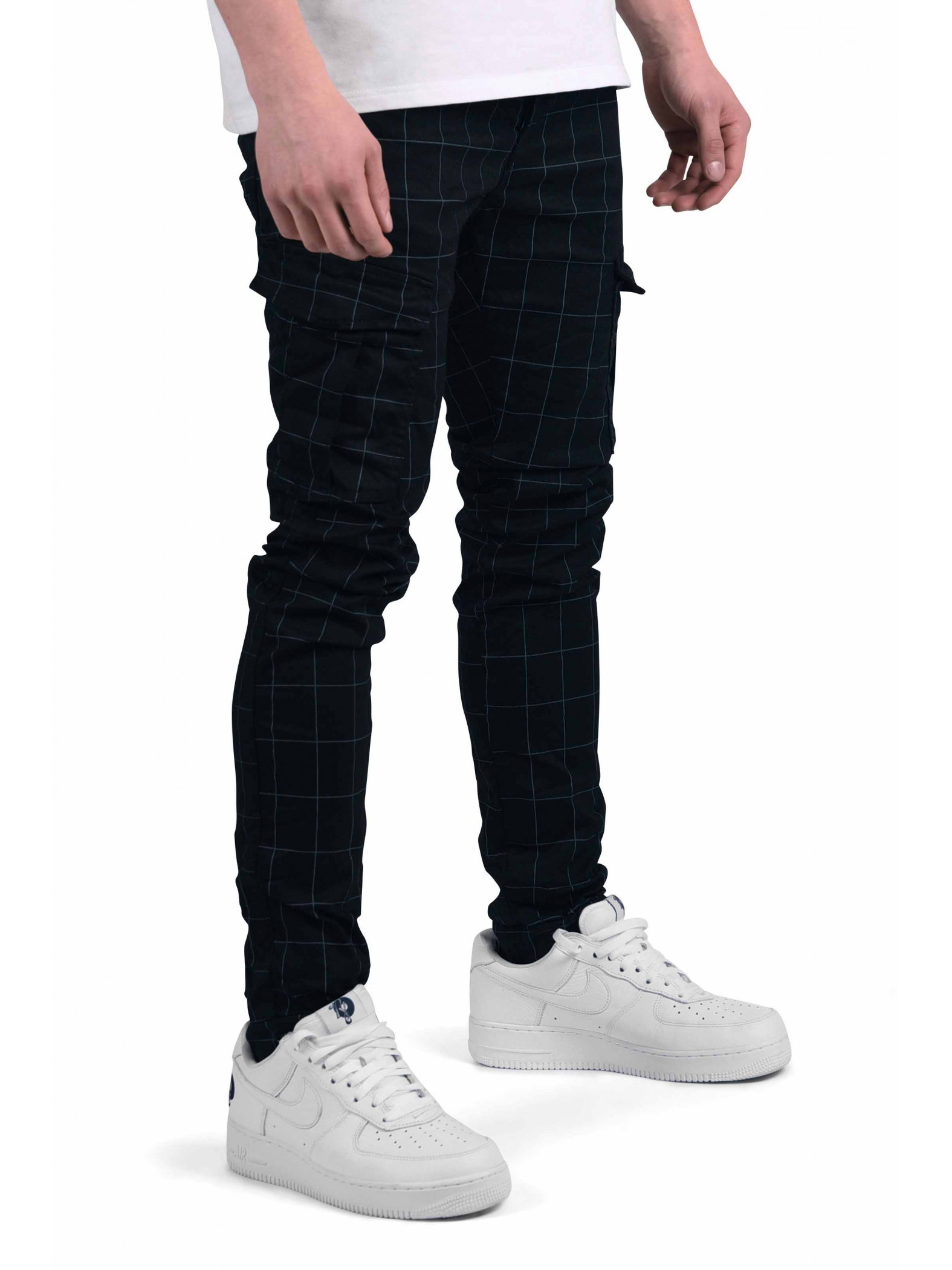 Men's Project X Paris slim fit cargo pants with checks and stripes