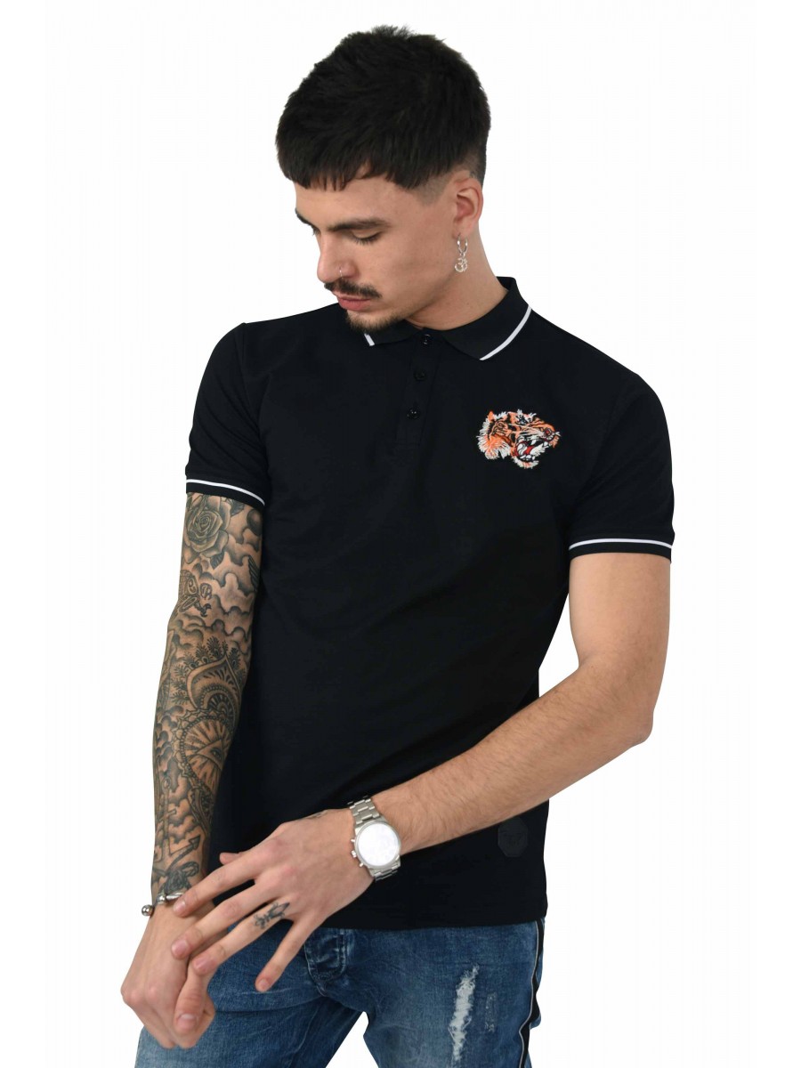 Tiger patch polo with button-down collar