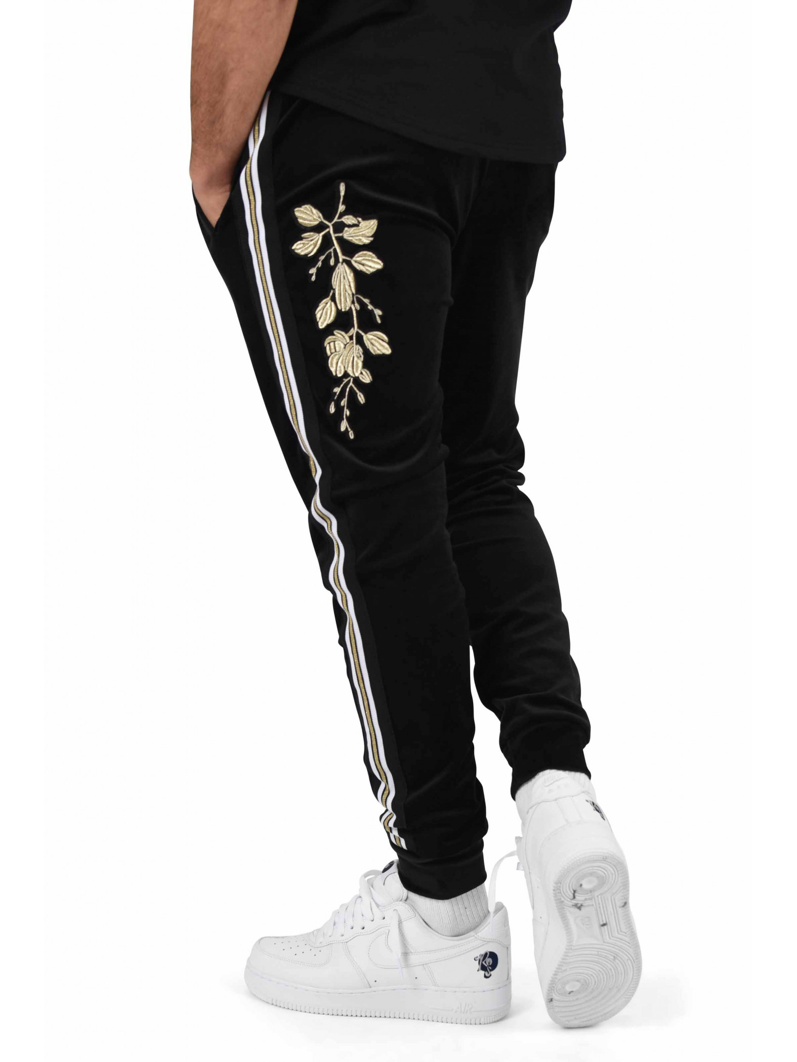 Joggers with contrasting velour stripes and golden floral patch Project X Paris