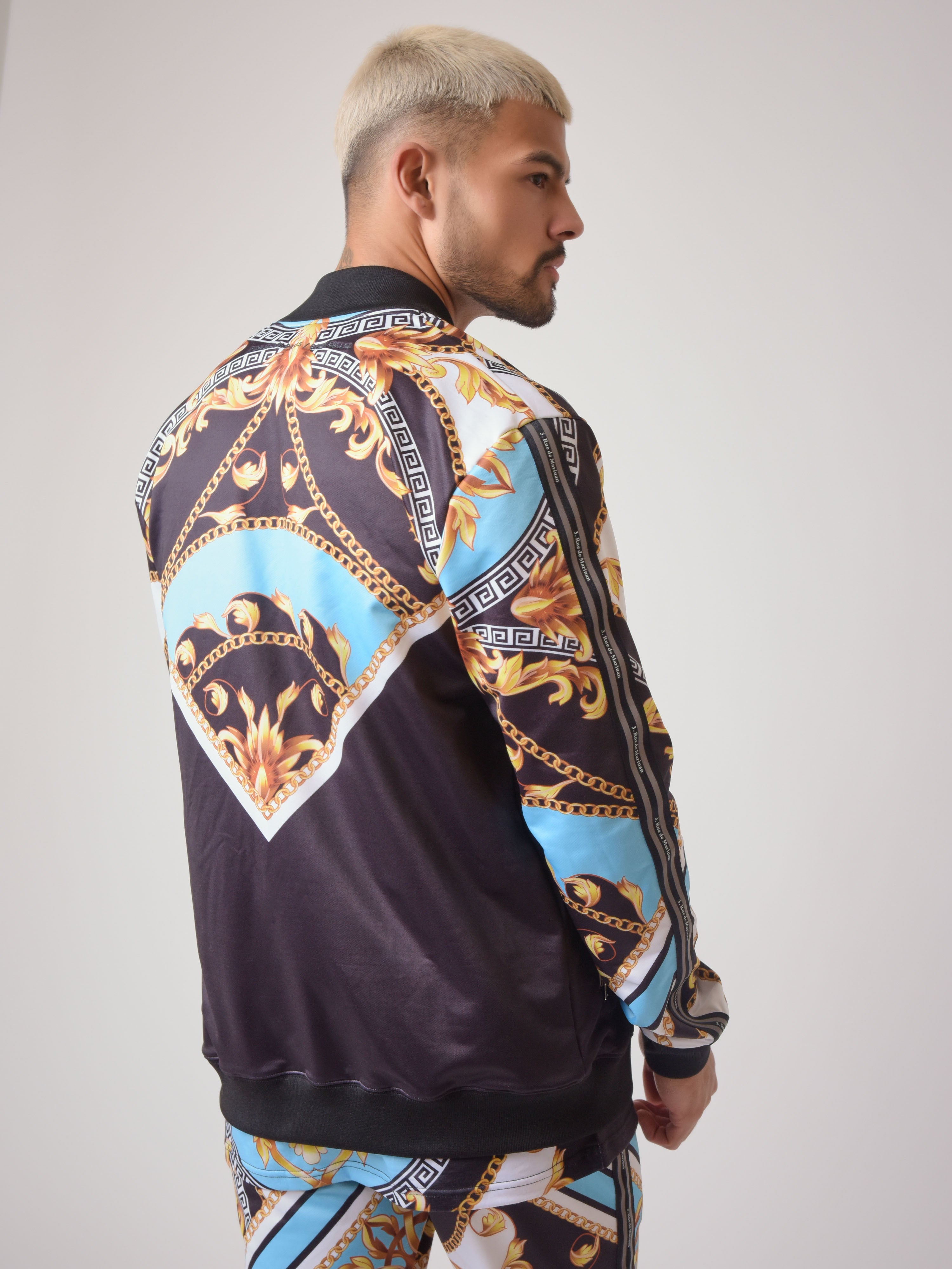 Bomber collar jacket with baroque pattern 