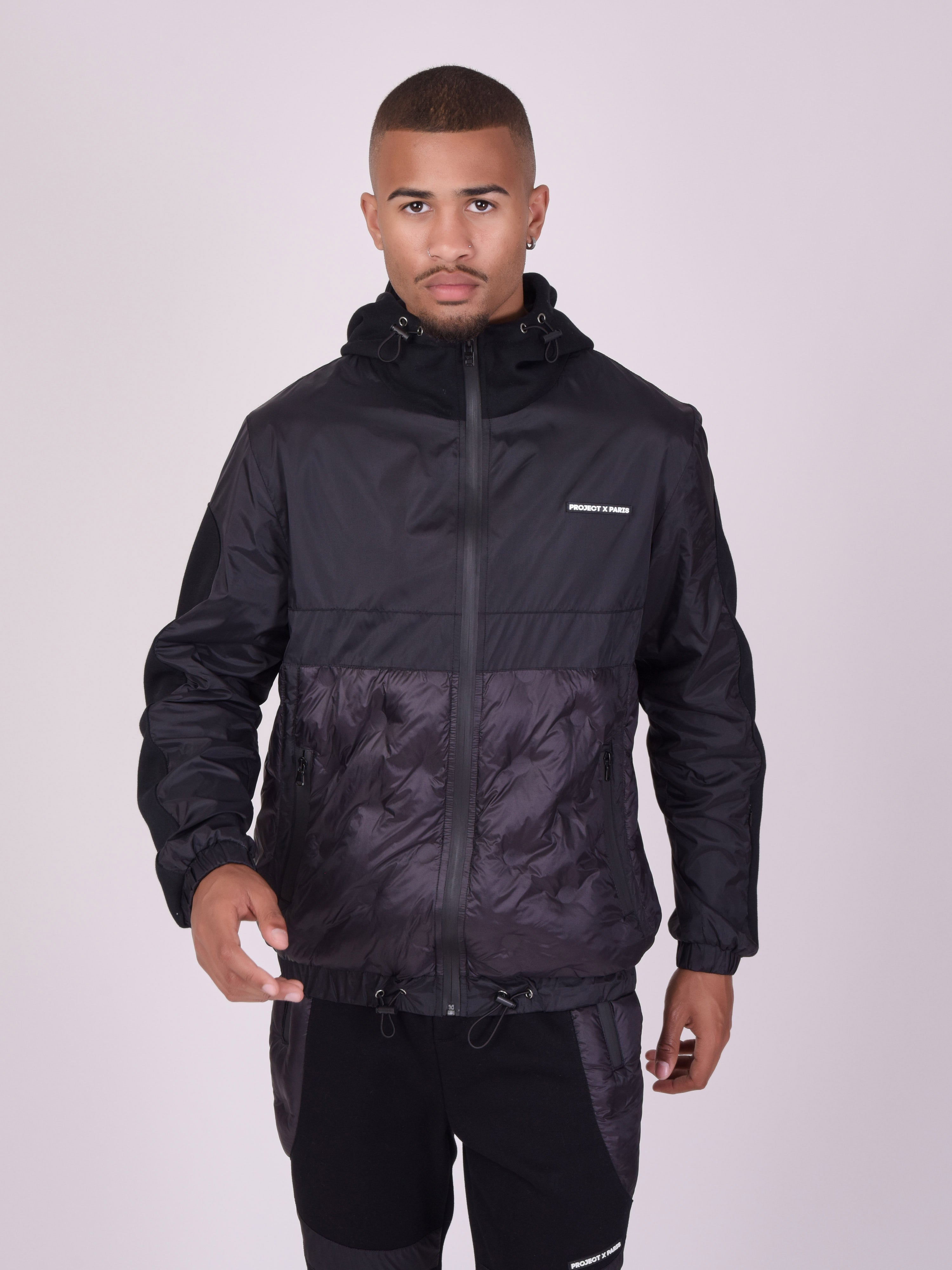 Veste à capuche bi-matière matelassage rond-1