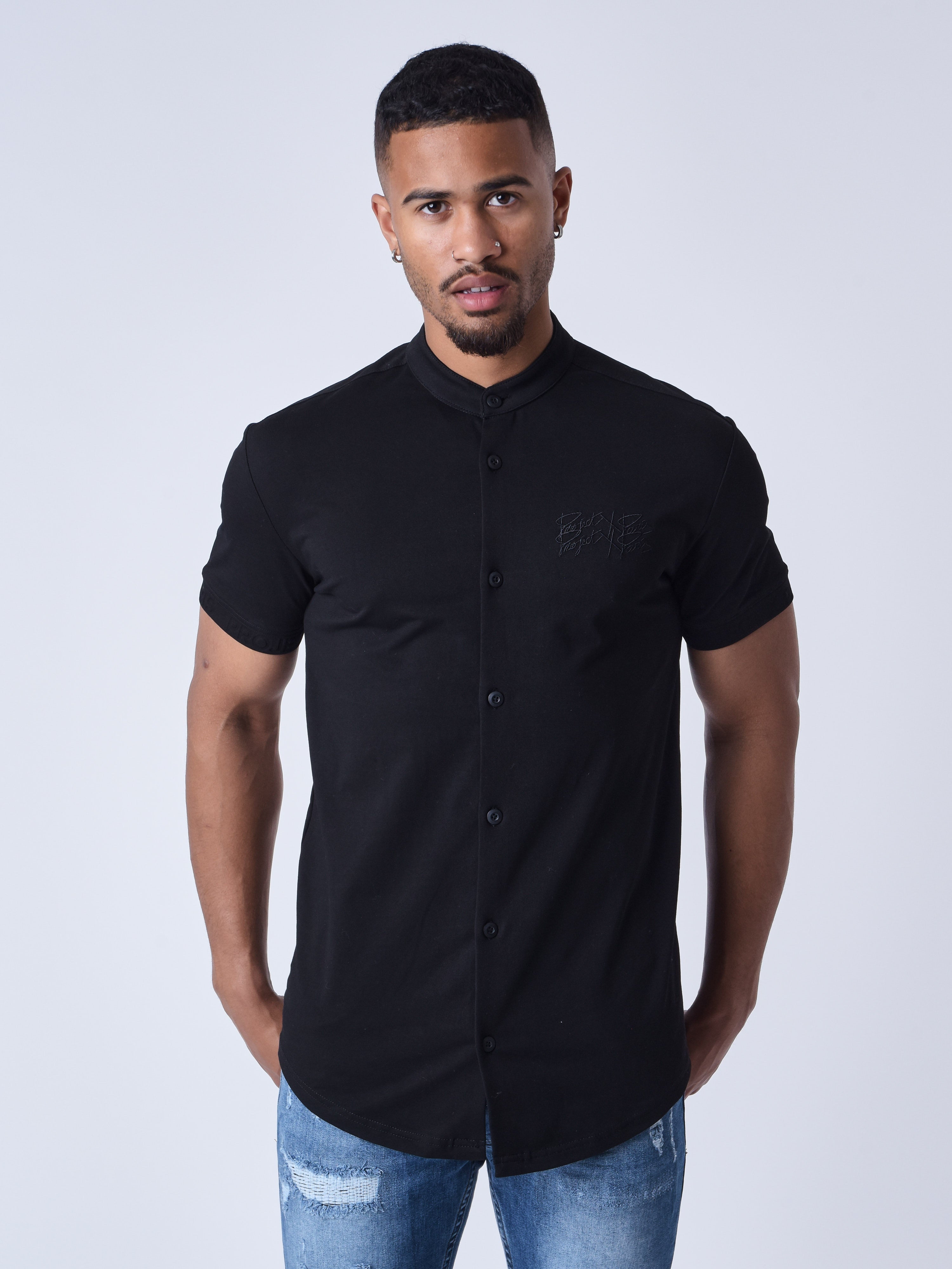 Short Sleeve Mao Collar Shirt-1