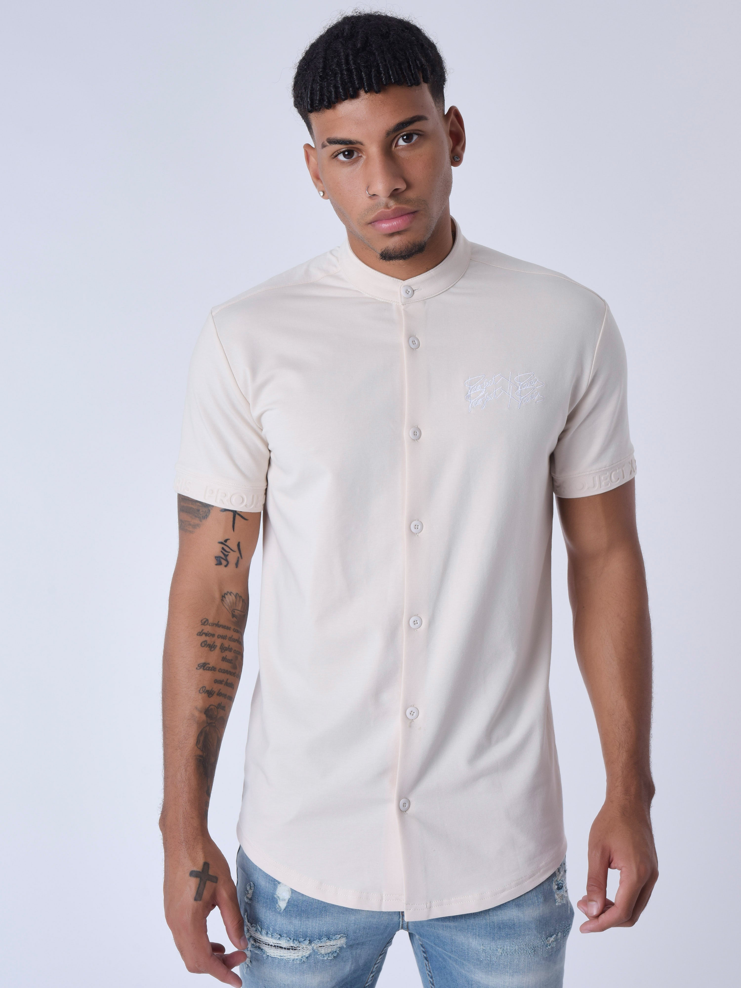 Short Sleeve Mao Collar Shirt-1