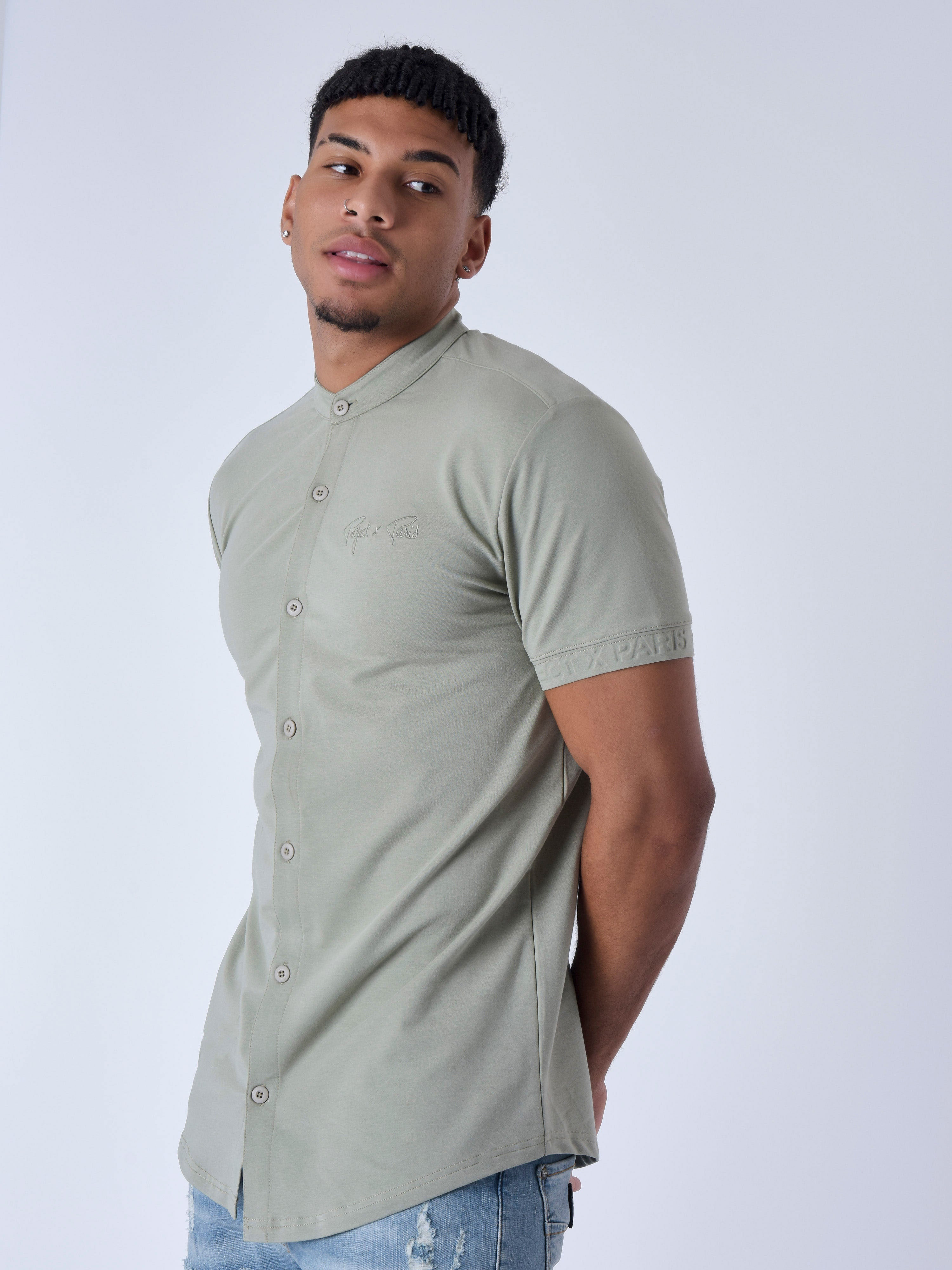 Short Sleeve Mao Collar Shirt-1