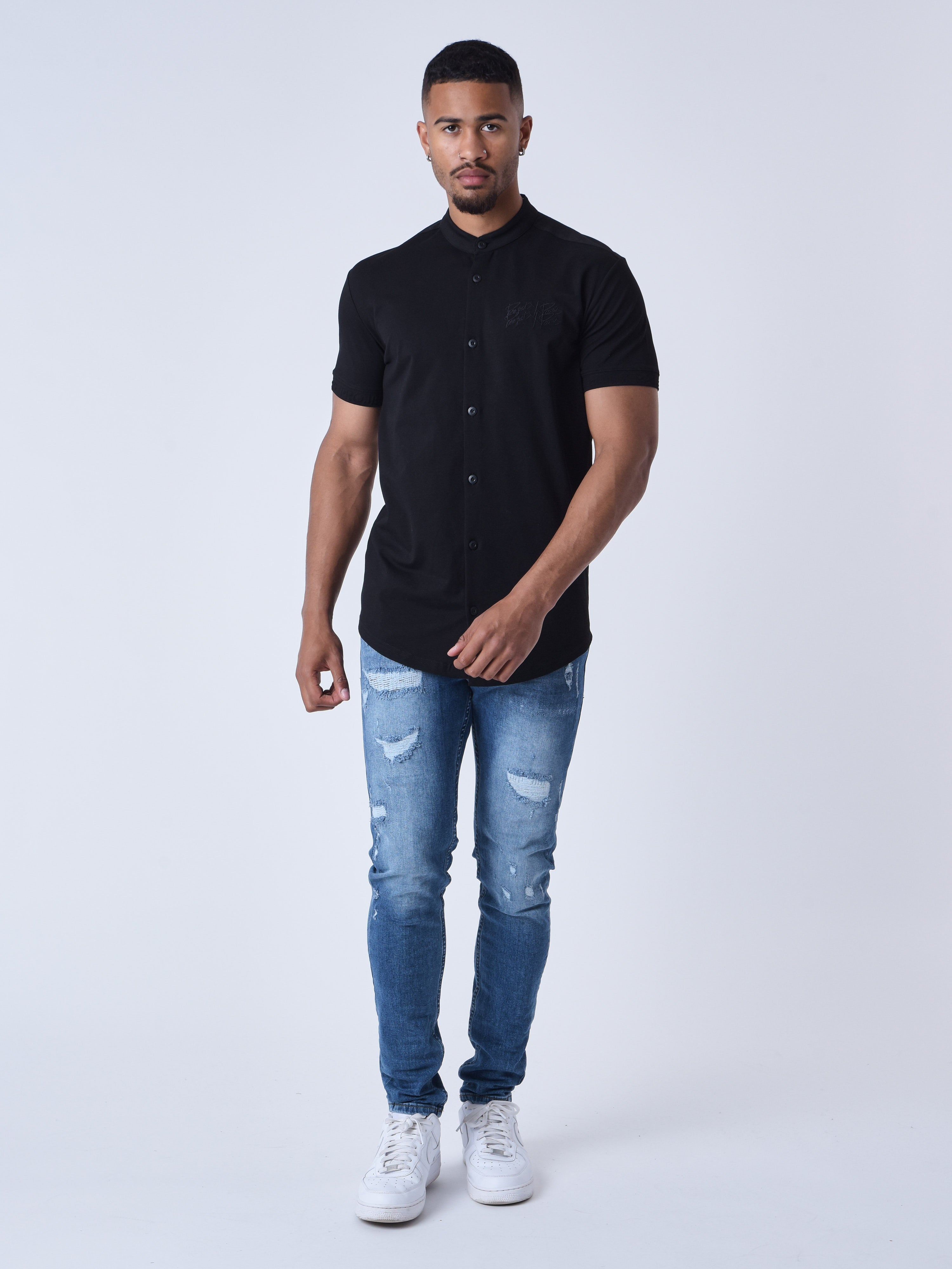 Short Sleeve Mao Collar Shirt-2