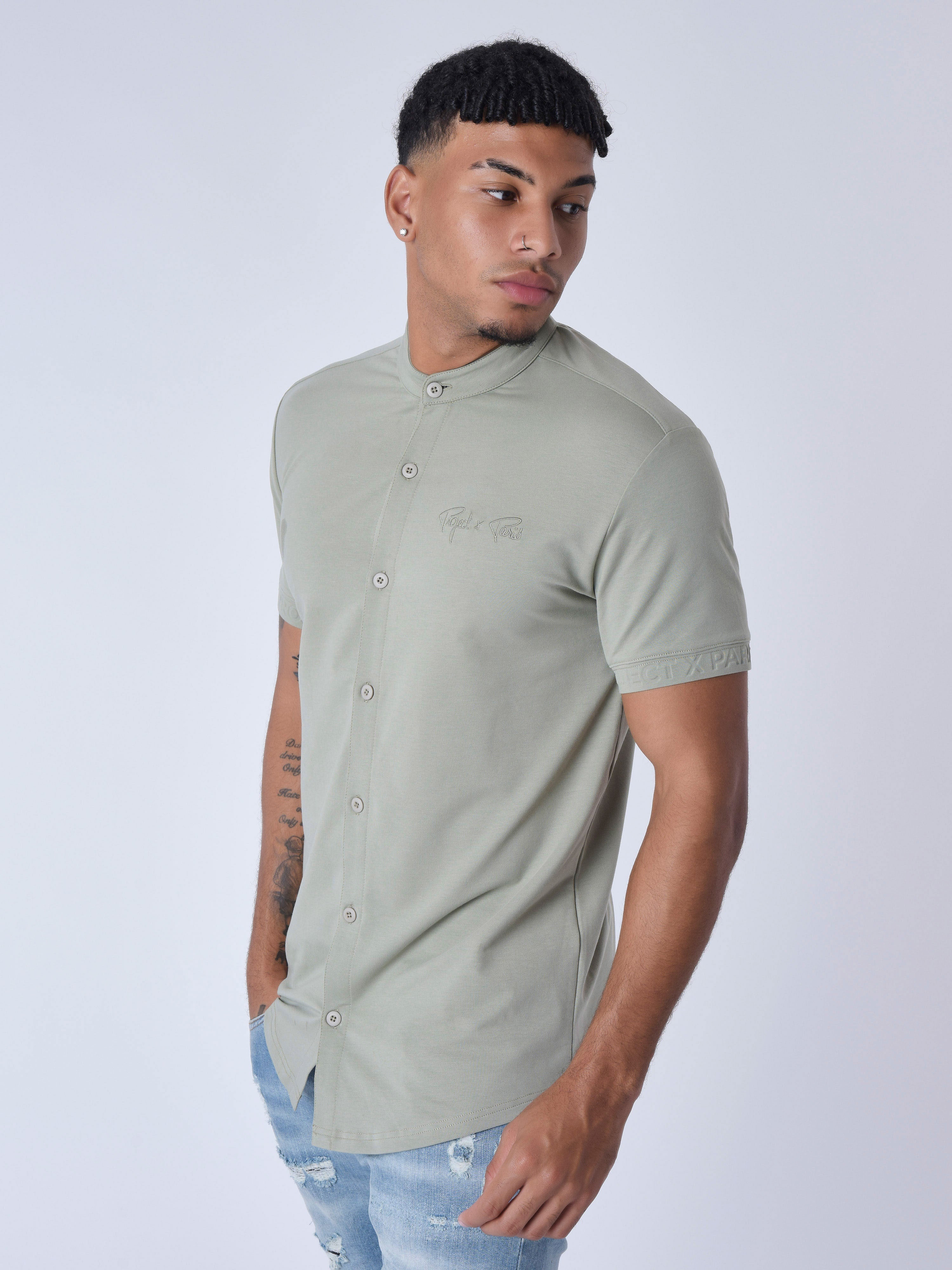 Short Sleeve Mao Collar Shirt-4