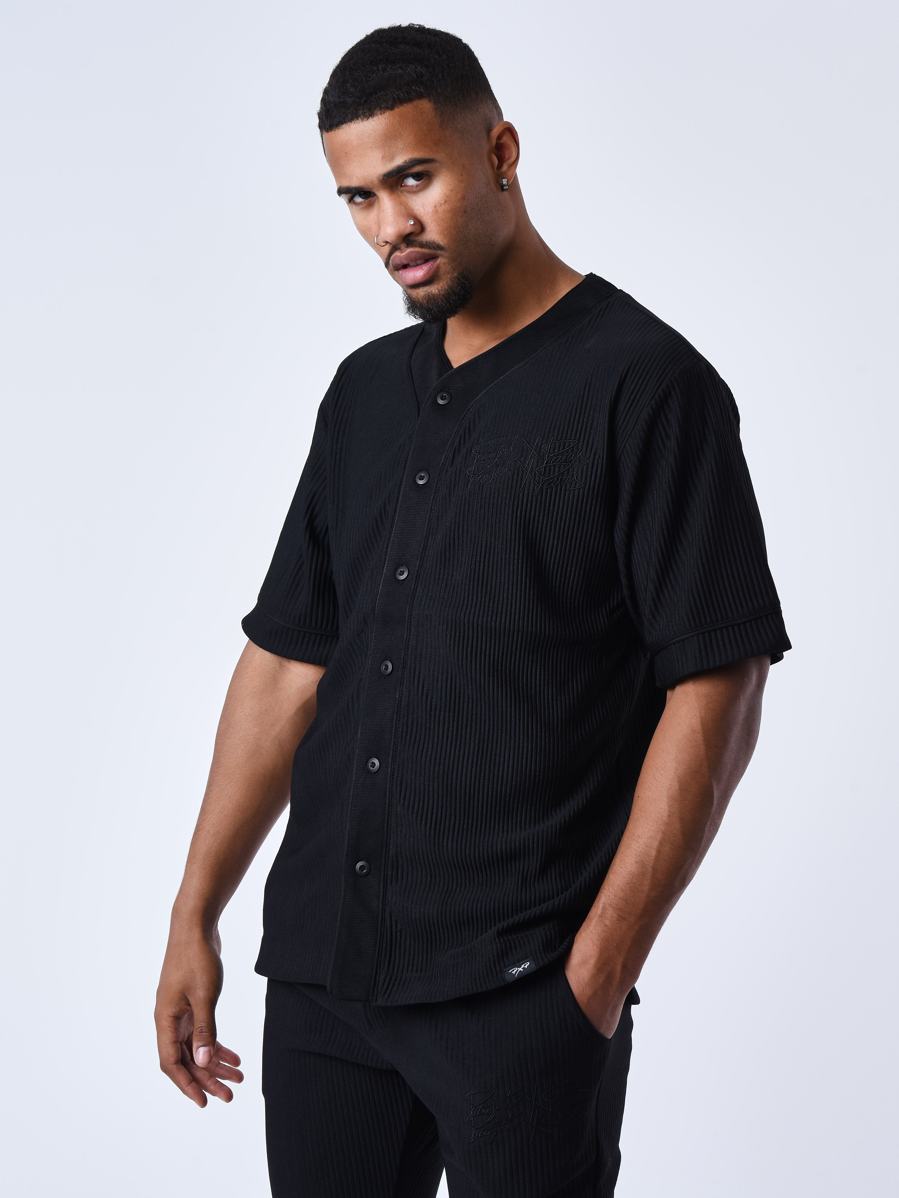 Baseball jersey style shirt in textured fabric-1