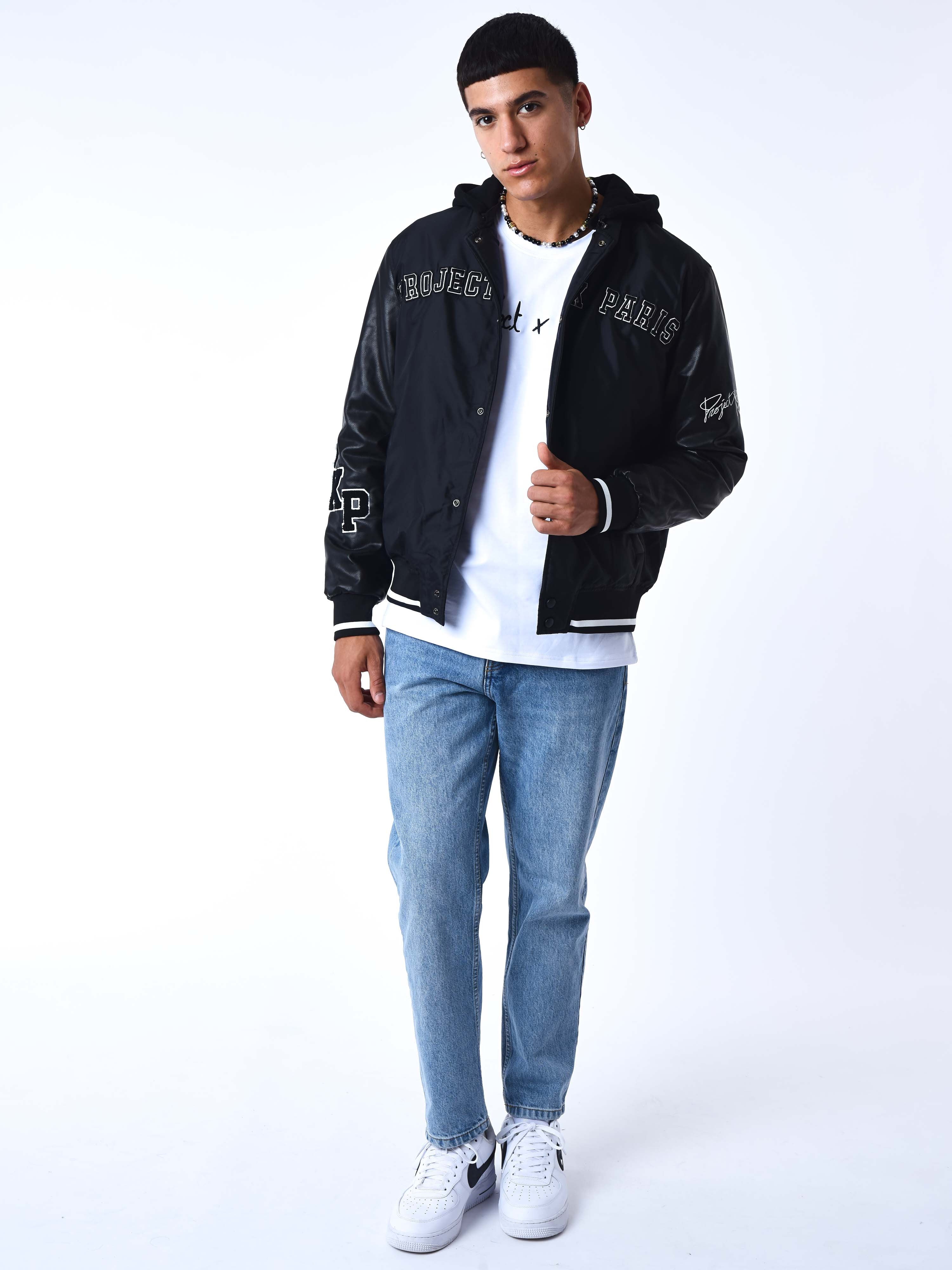 Oversized varsity-style jacket with embroidered patches – PXP
