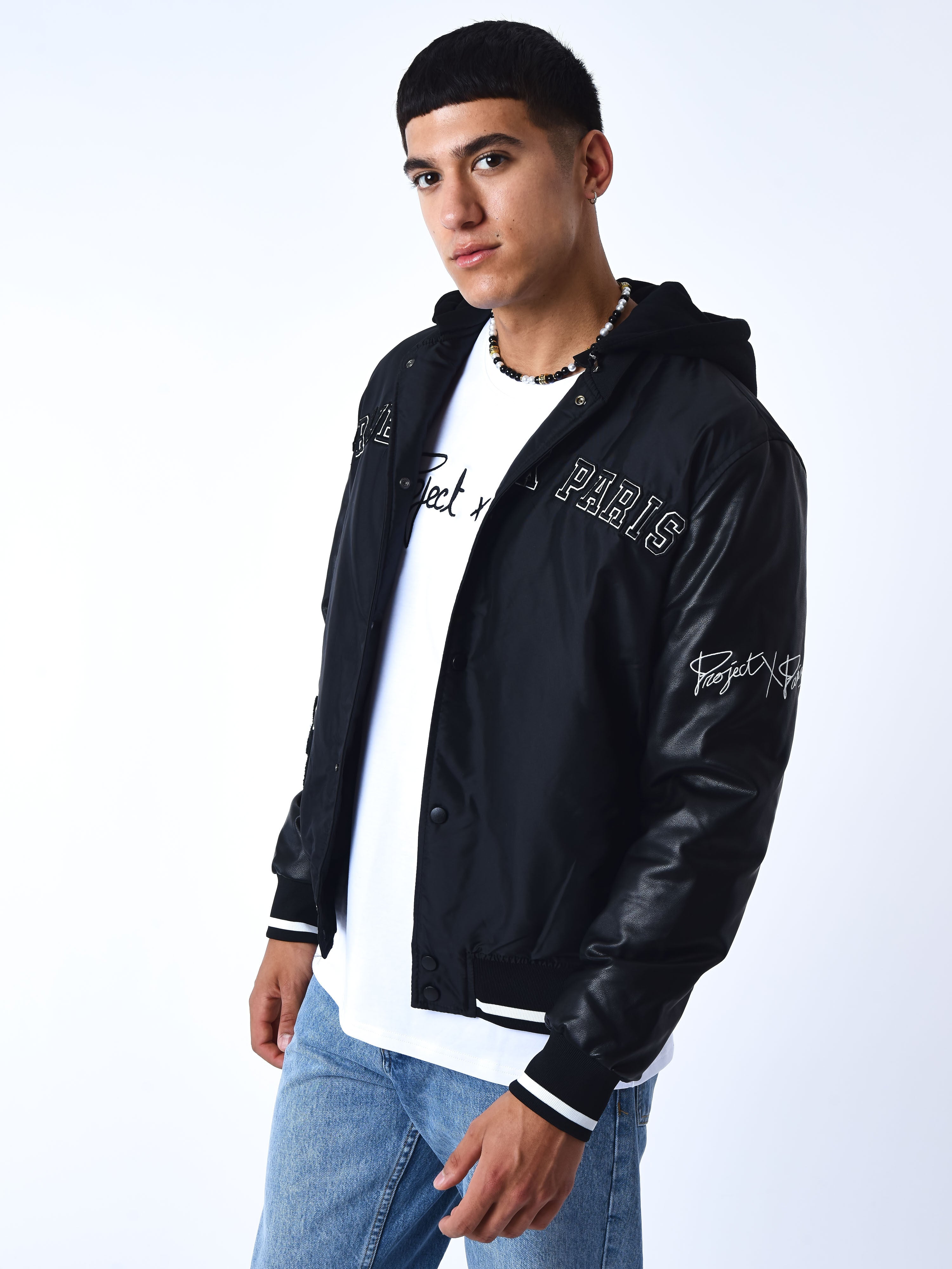 Oversized varsity-style jacket with embroidered patches – PXP