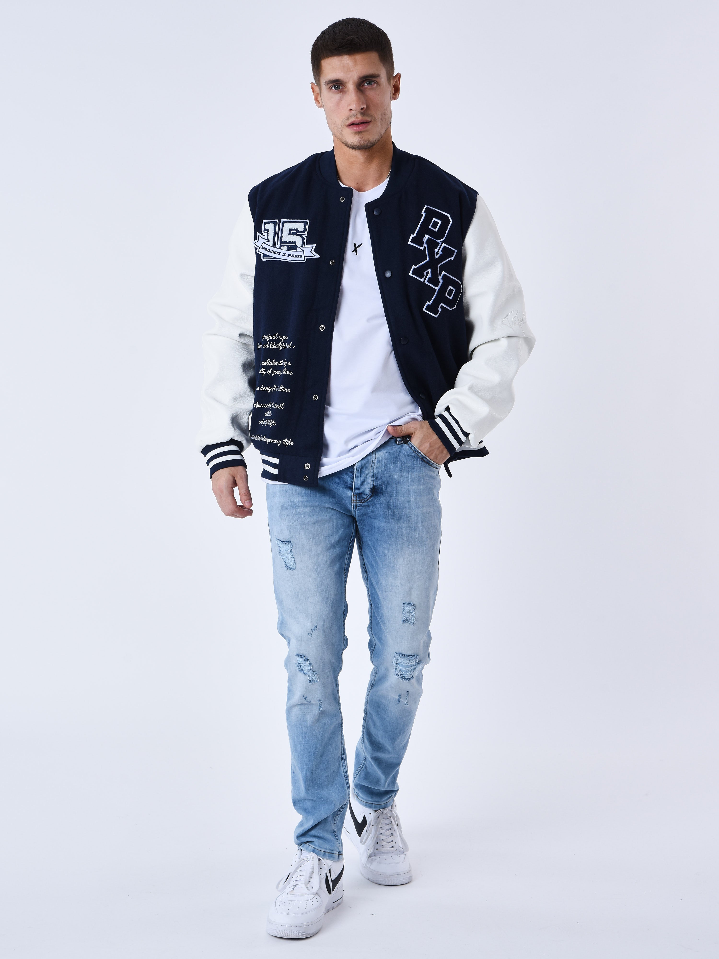 Veste oversize style universitaire avec écusson brodés-4