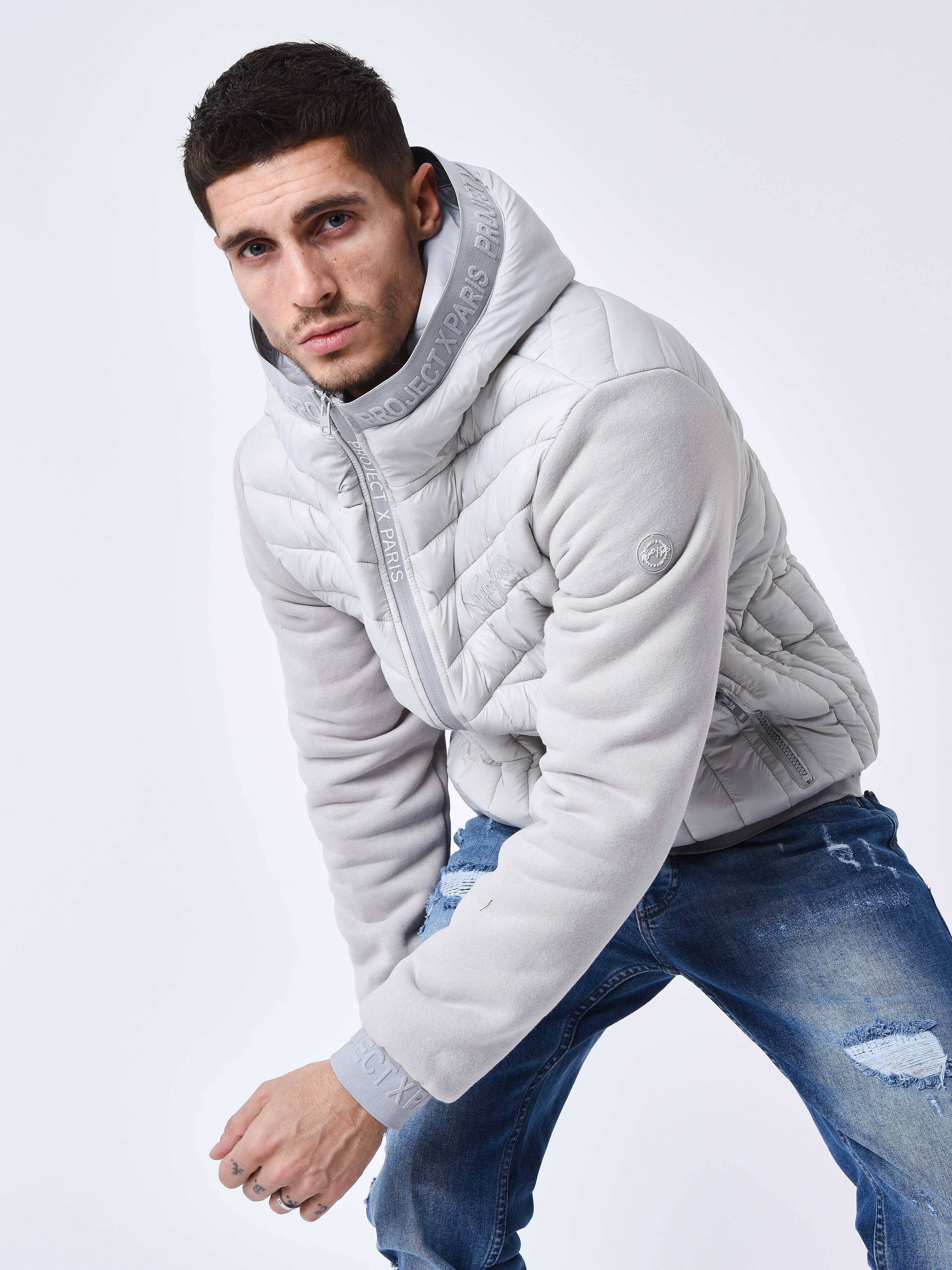 Geometric quilted two-tone puffer jacket-1