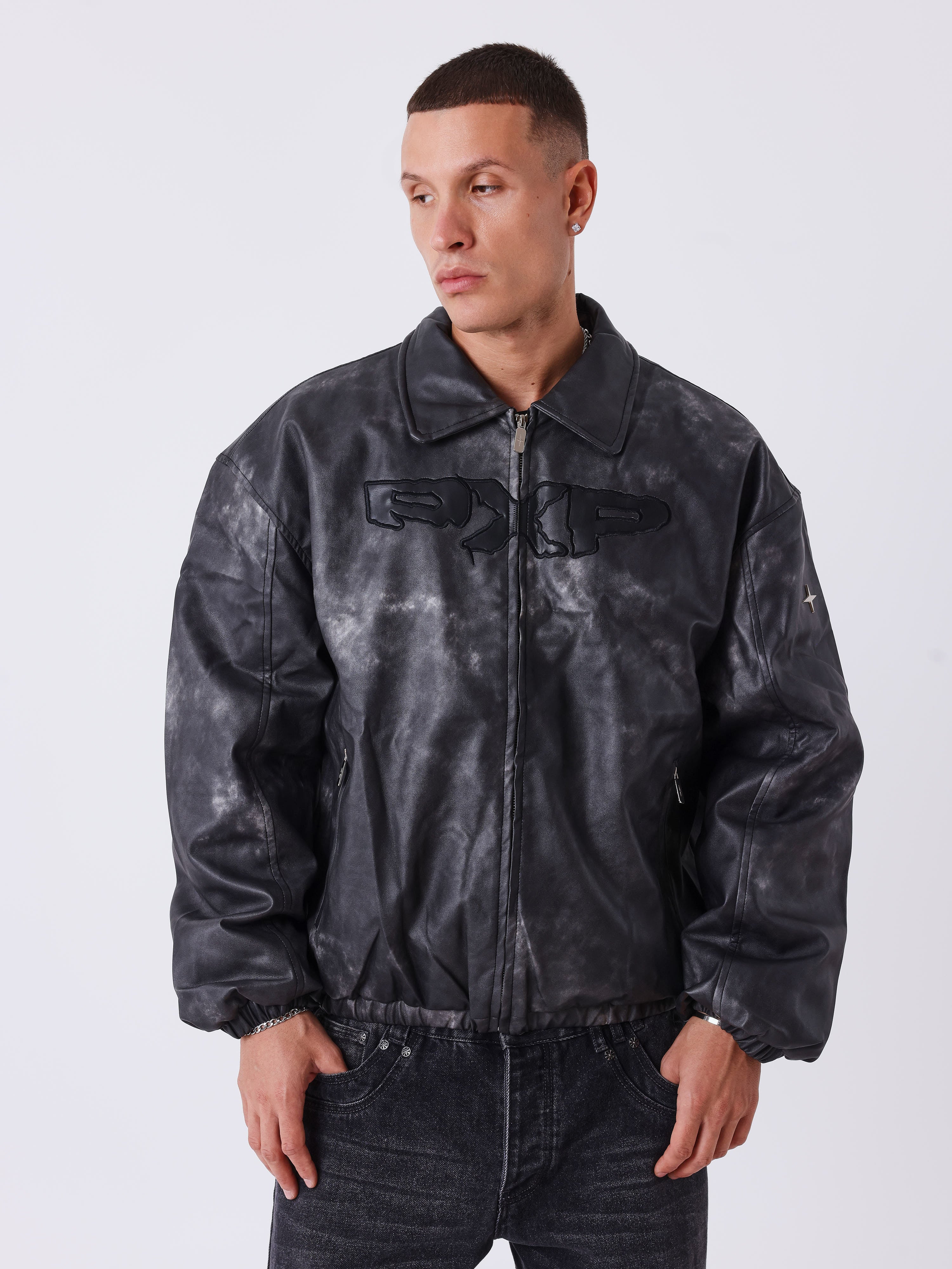 Chaqueta de cuero sintético envejecido negro-1