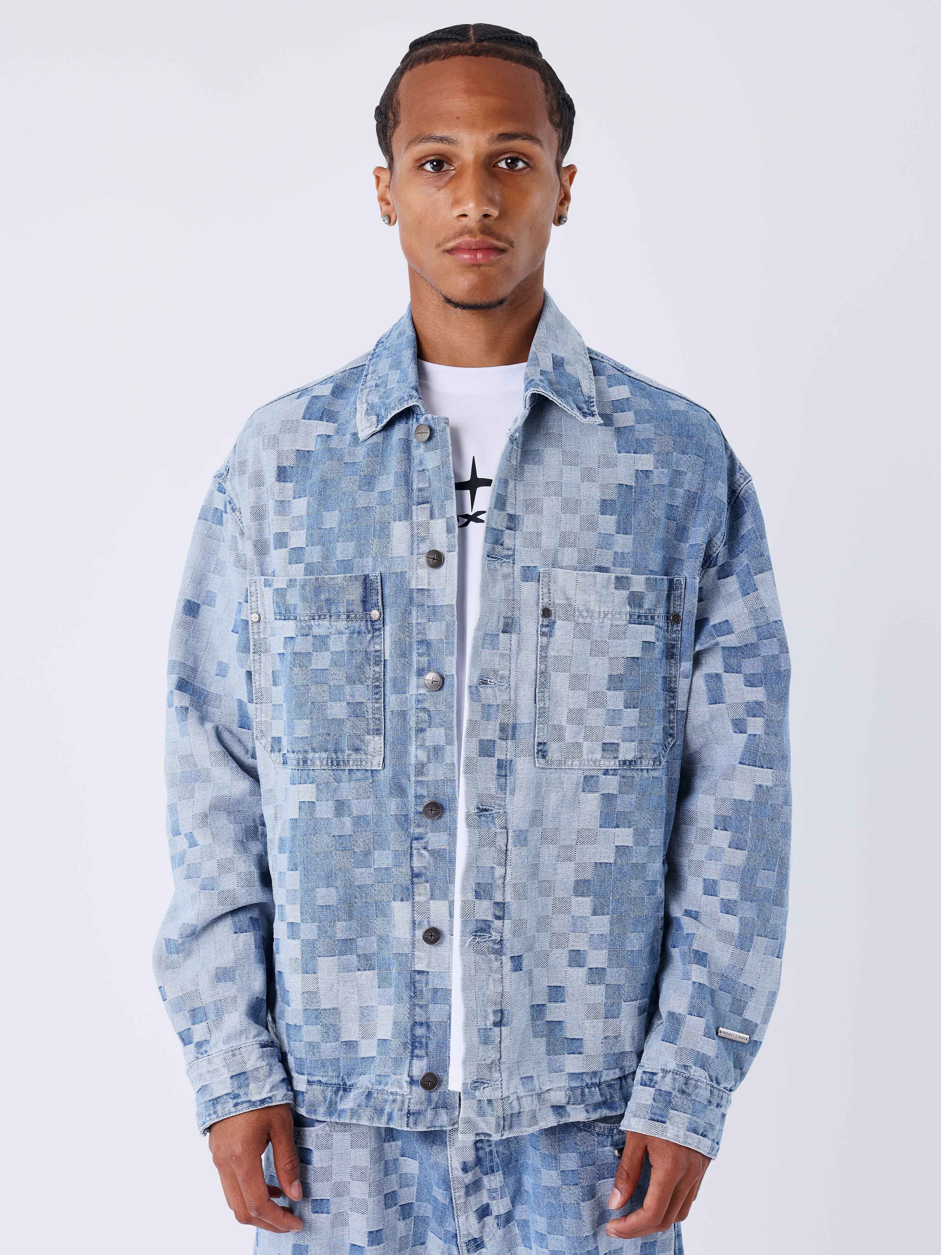 Veste en denim carreaux pixelisé-1