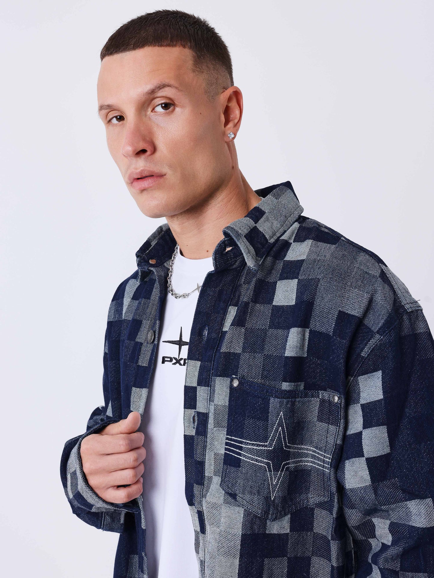 Veste en denim carreaux pixelisé