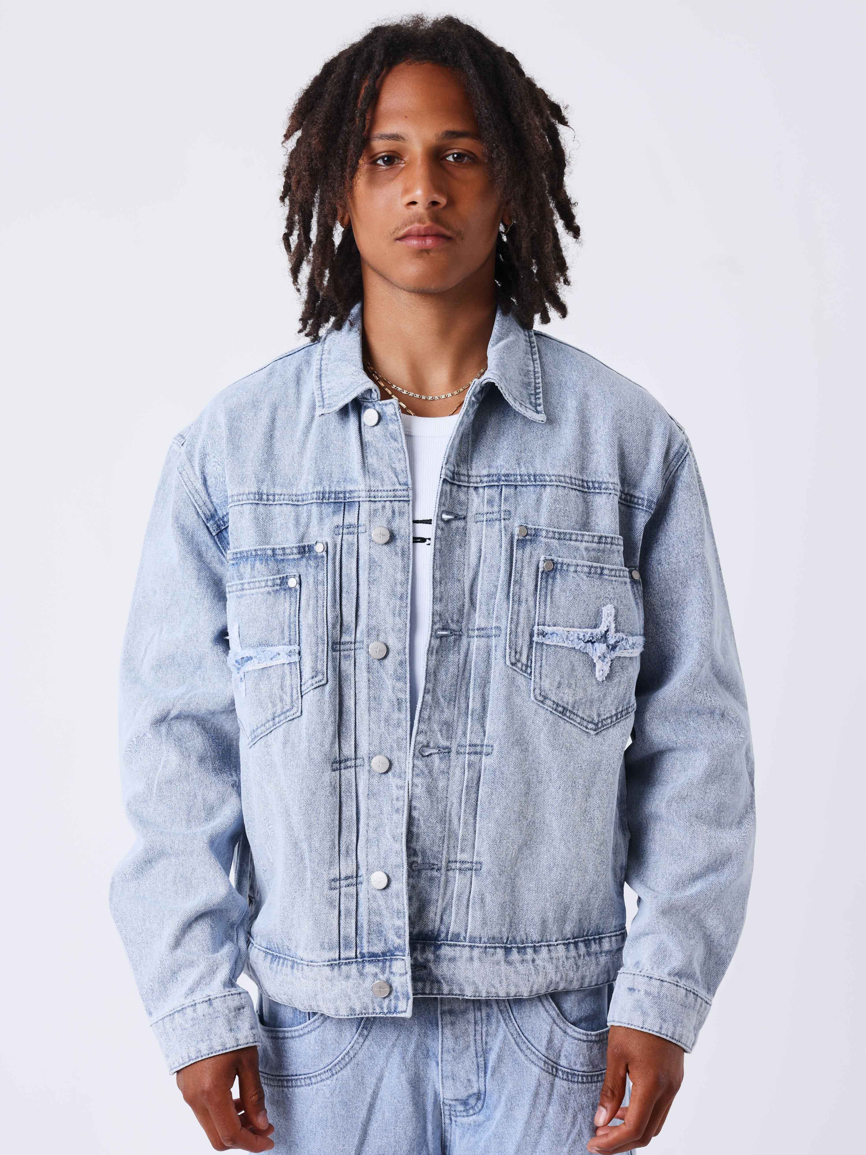 Lichtblauwe gewassen denim jas-1