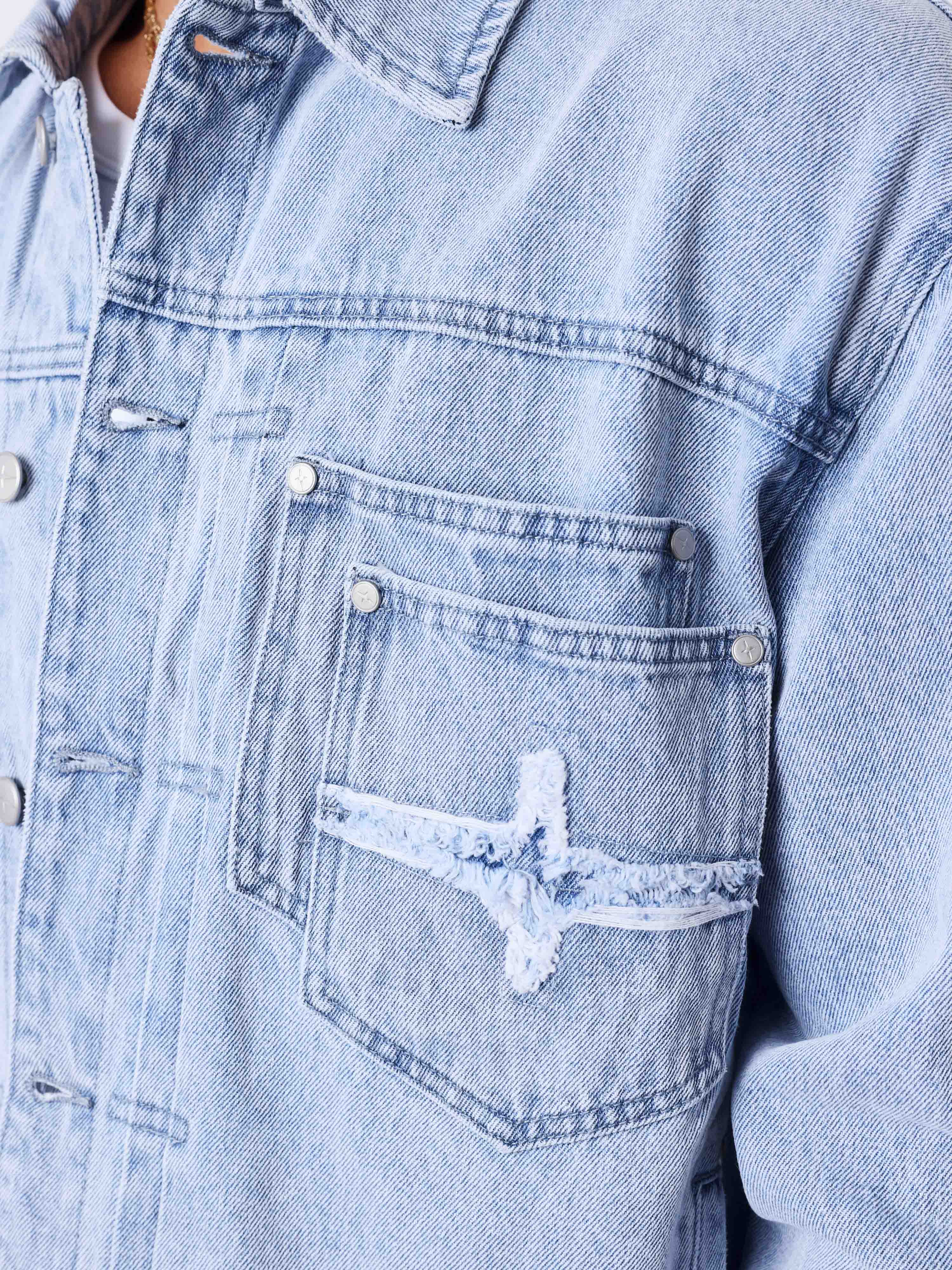 Lichtblauwe gewassen denim jas-4