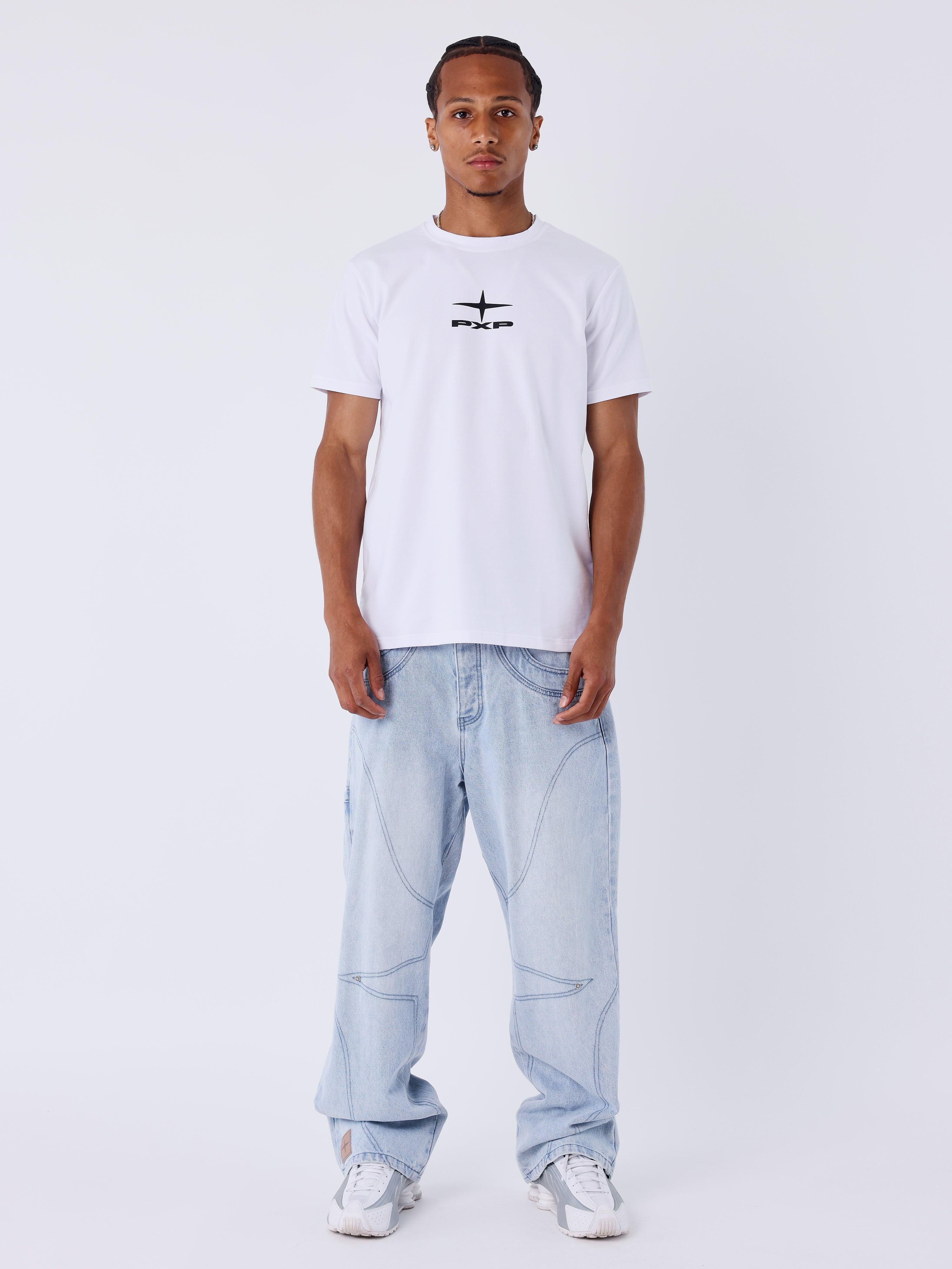 Calça jeans larga em denim azul com costuras Polaris-1