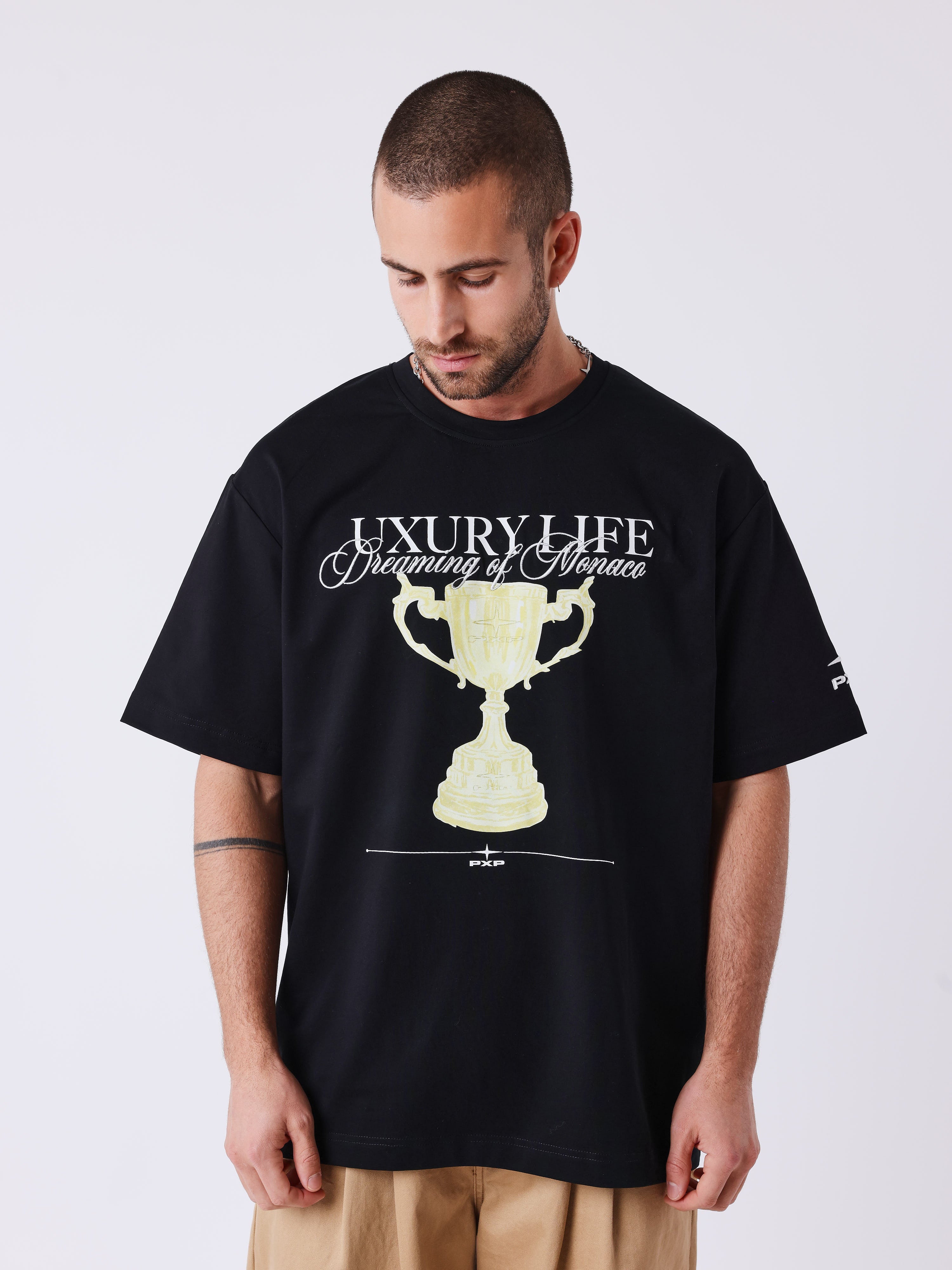 Herr T-shirt med tryck och broderat Champion-motiv-1