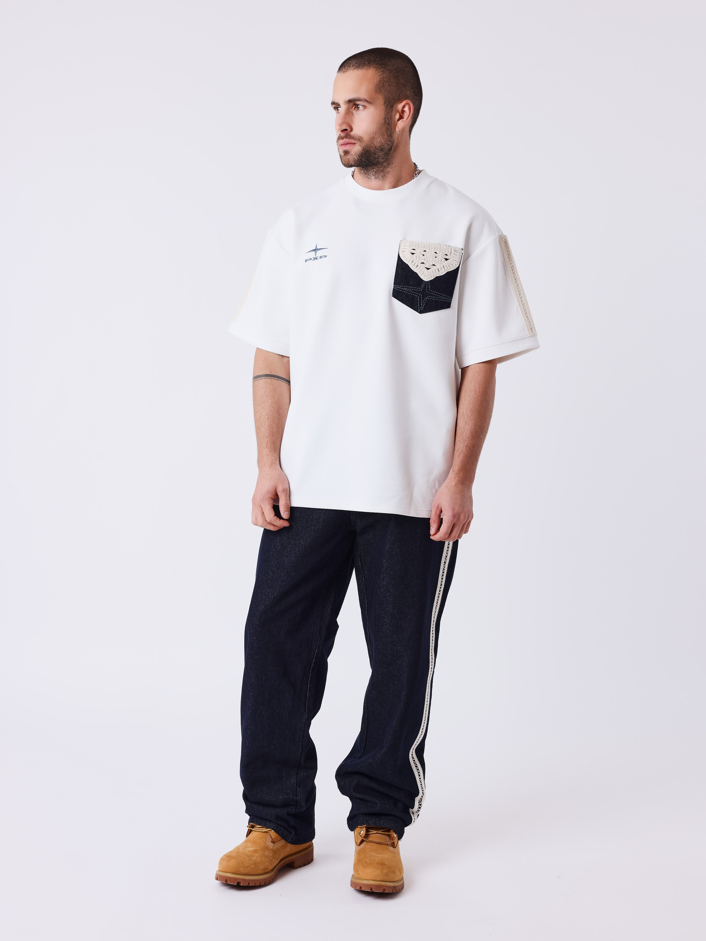 Bi-material T-shirt with crochet pocket-5