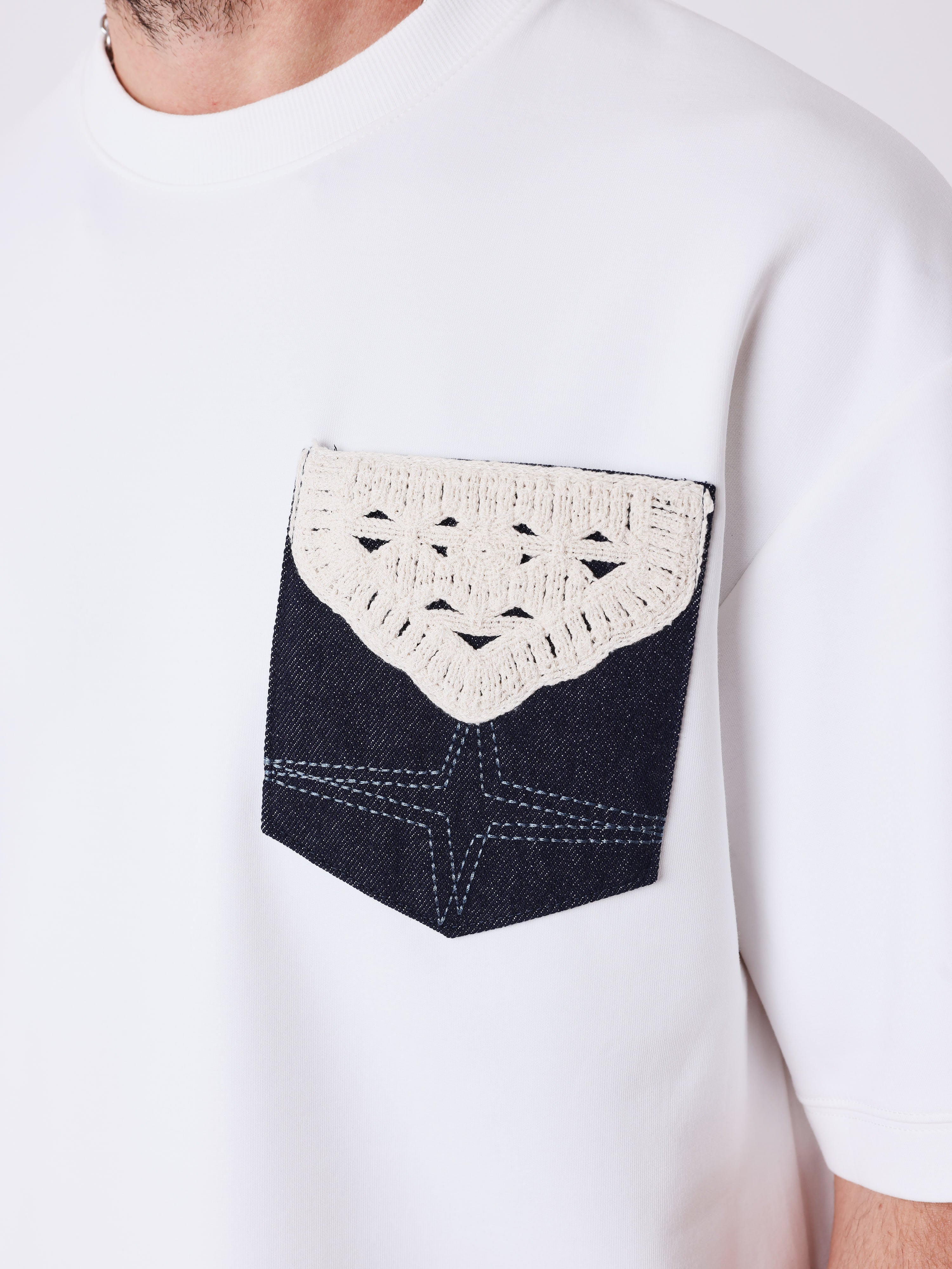 Bi-material T-shirt with crochet pocket-4