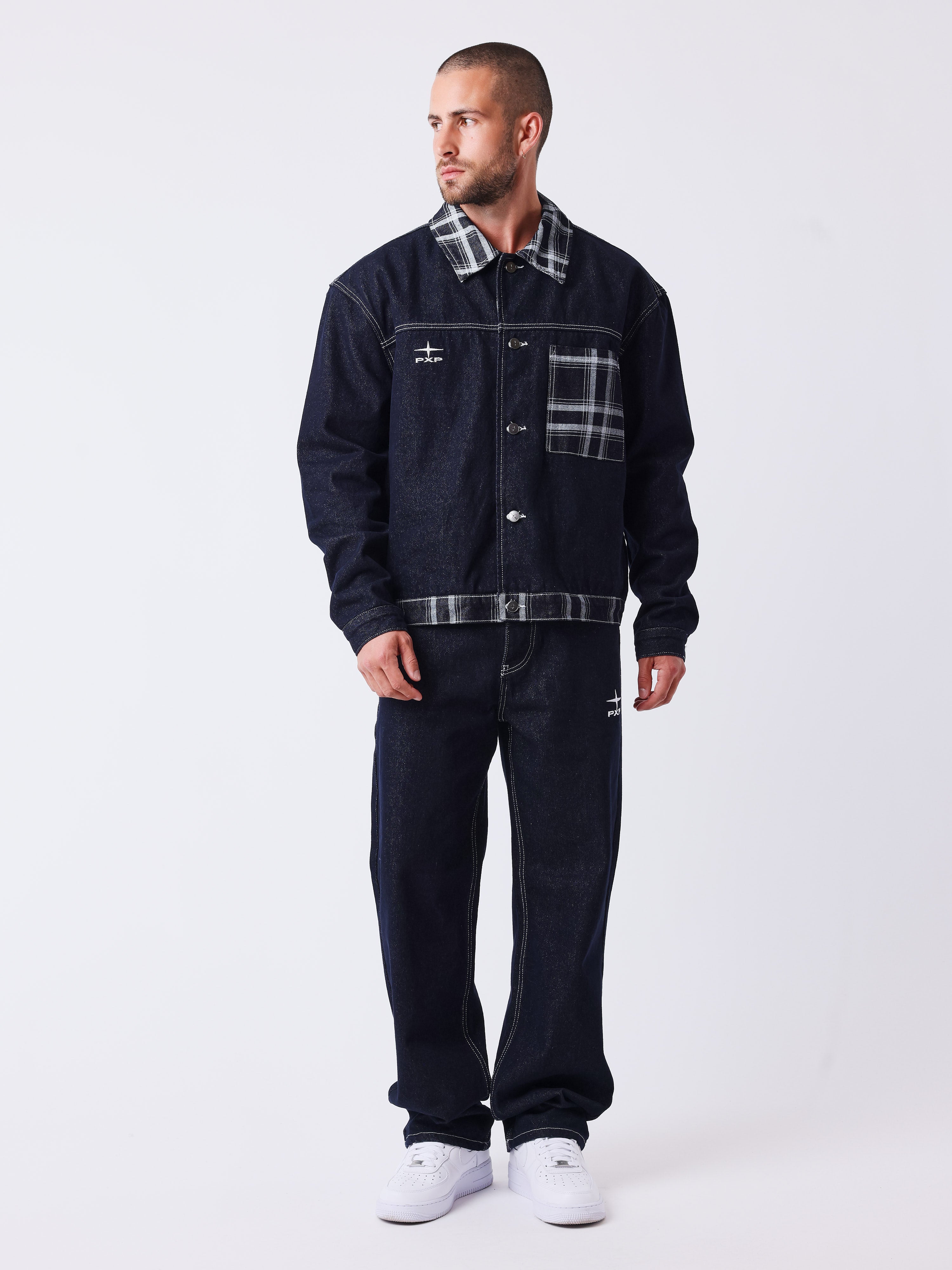 Denimjakke med ternet mønster-5