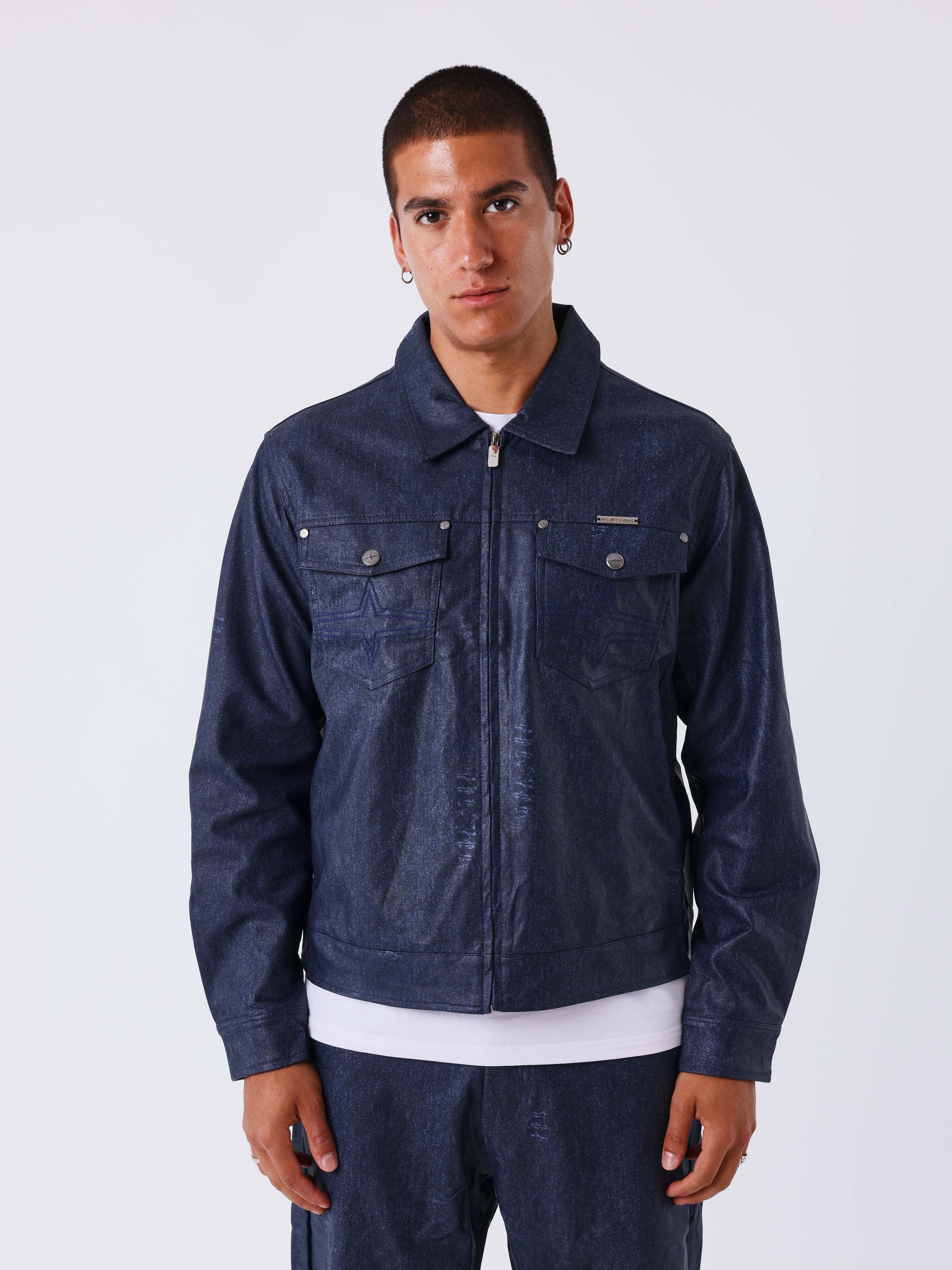 Denim-vaikutteinen keinonahkatakki-1