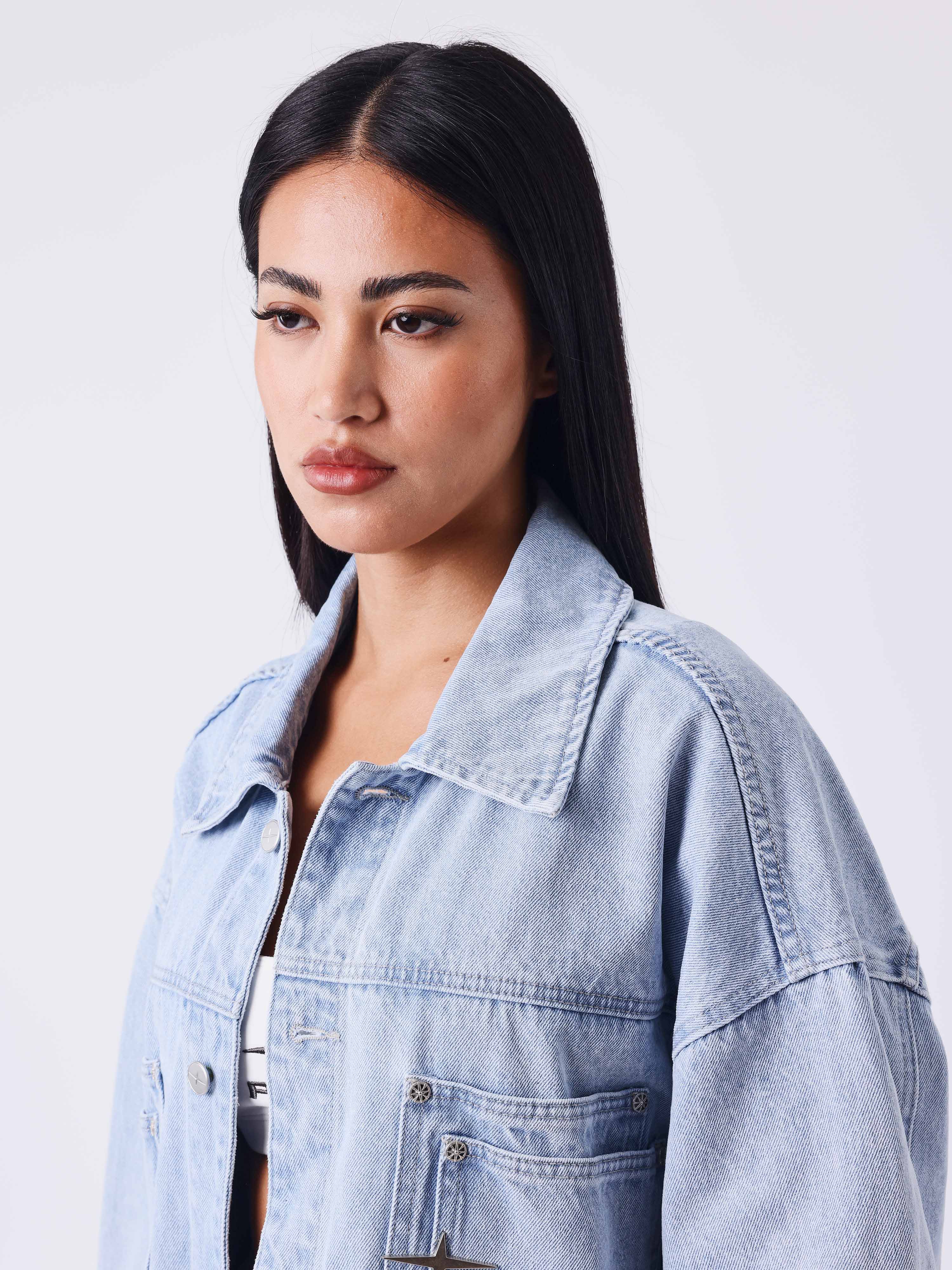 Giacca oversize in denim blu slavato con impunture Polaris-3