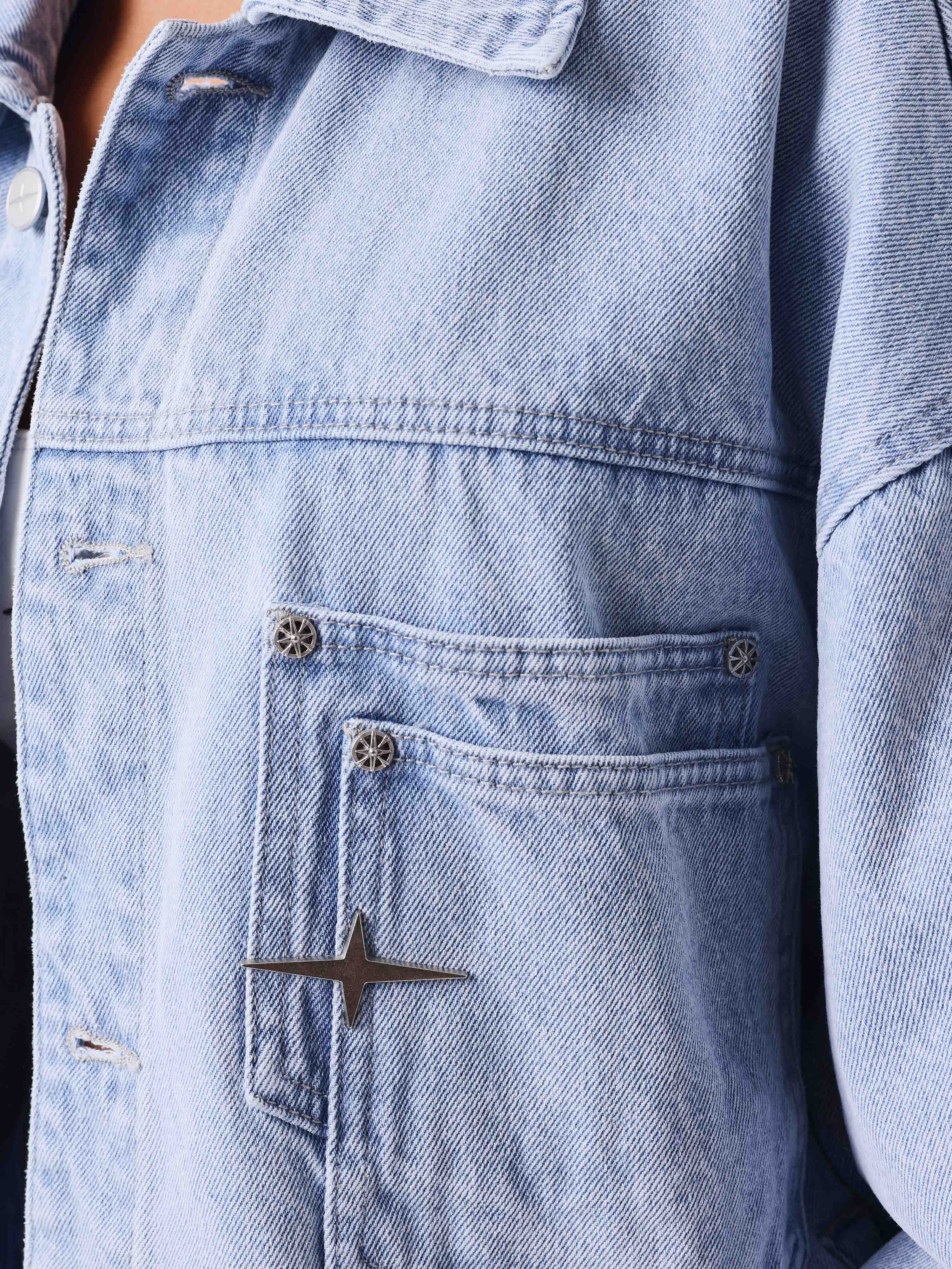 Giacca oversize in denim blu slavato con impunture Polaris-4