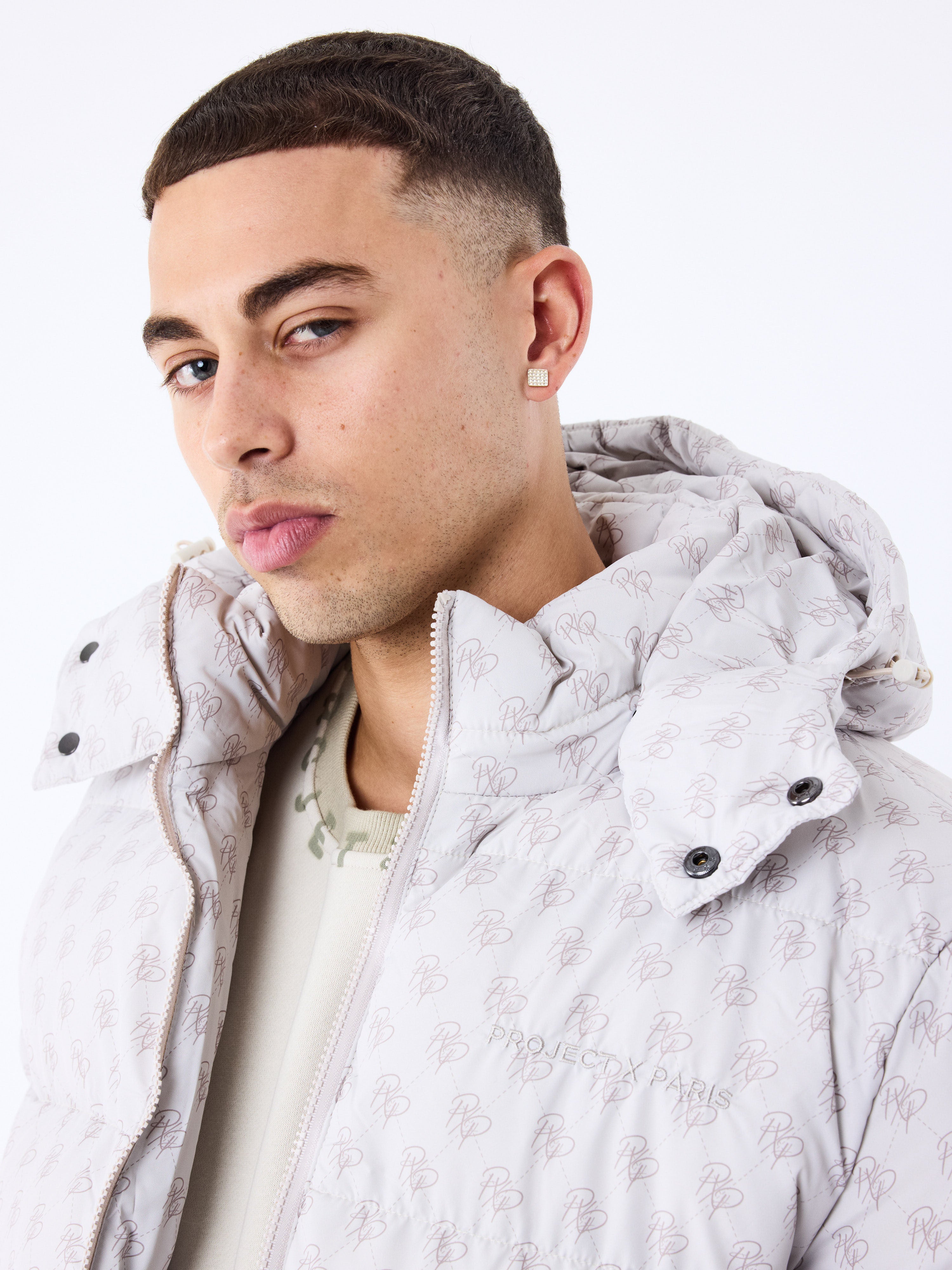 Hooded puffer jacket with all over monogram | Project X Paris – PXP