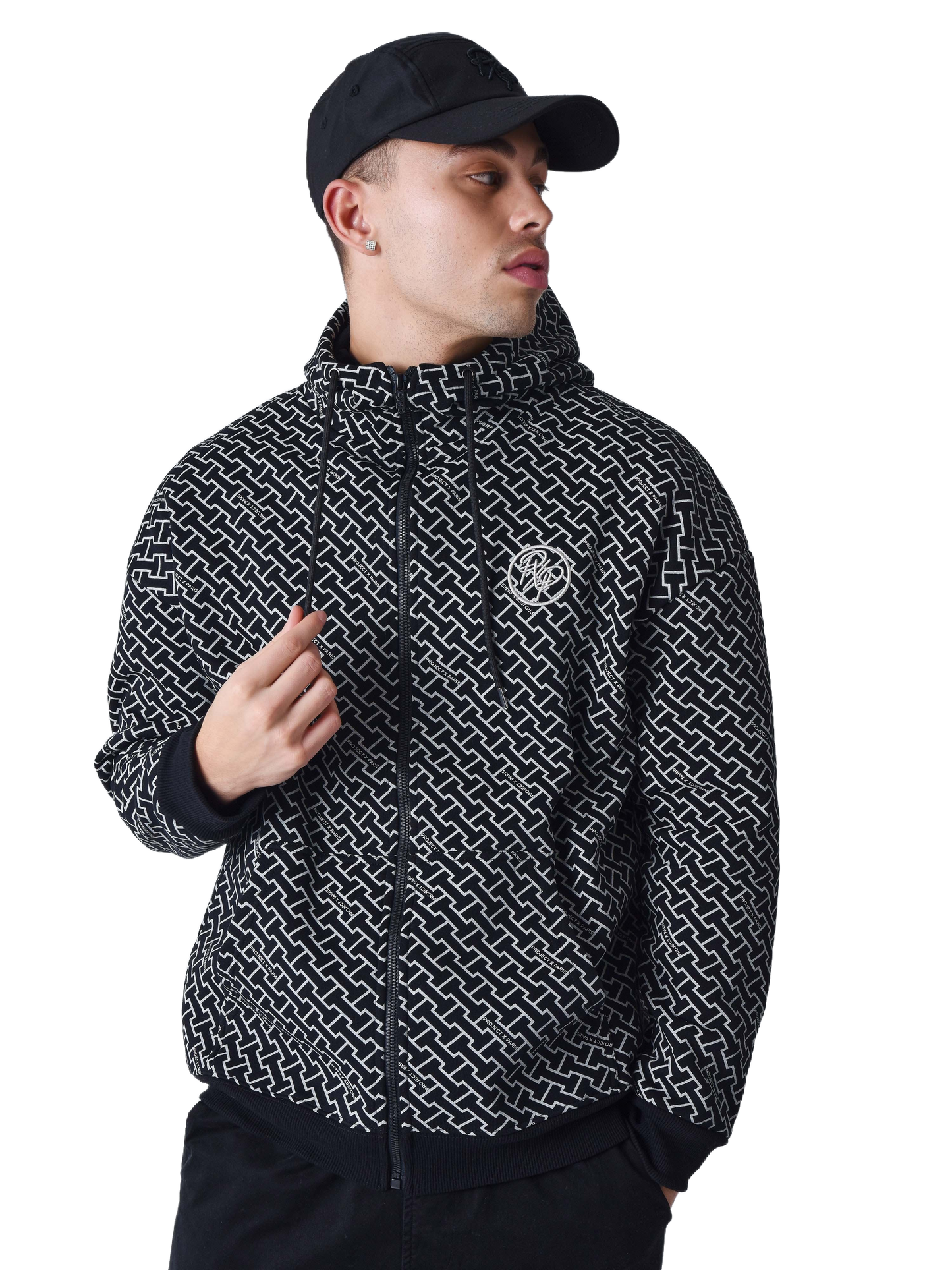 sweat-a-capuche-zippe-imprime-monogramme-noir