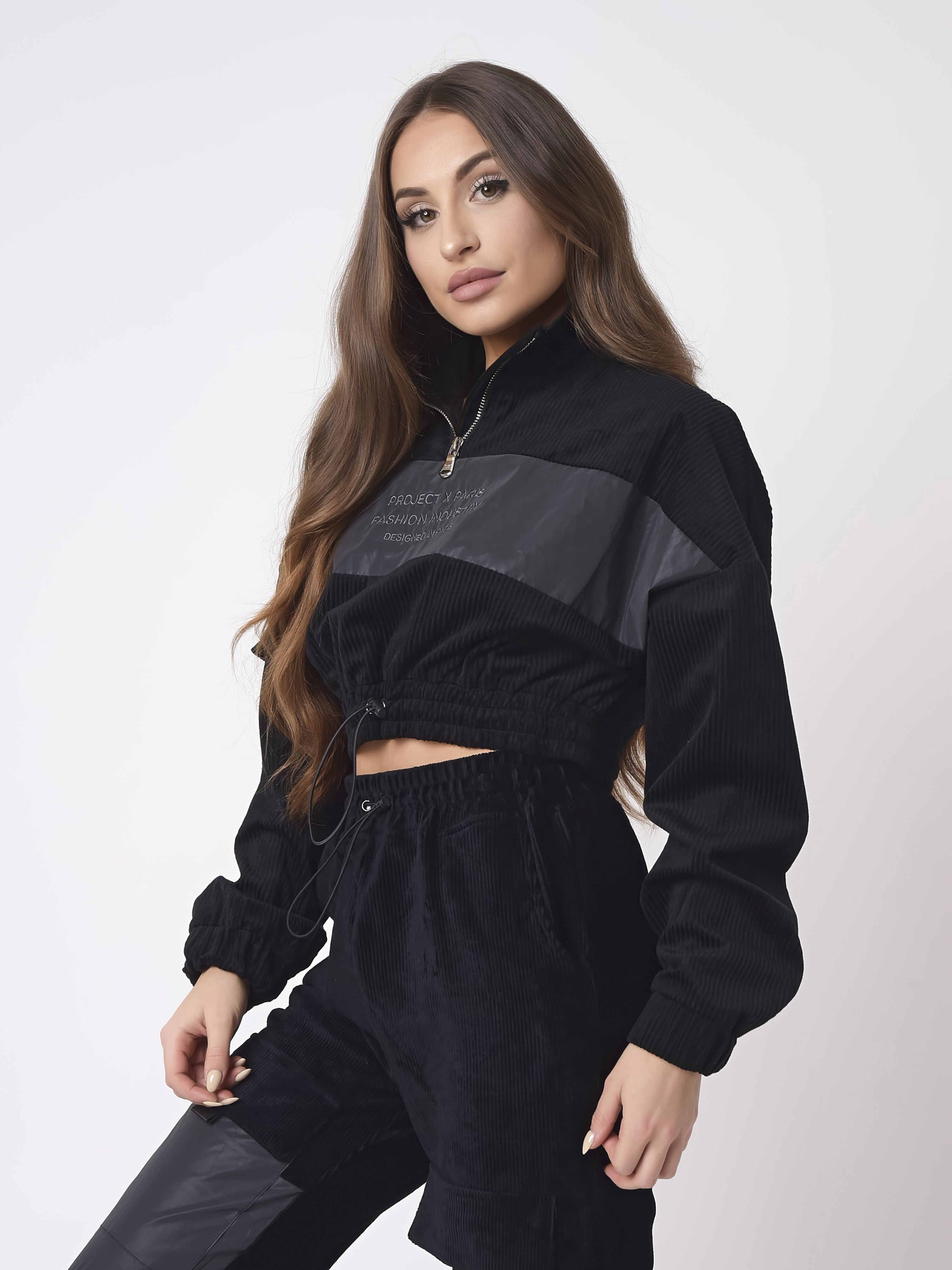 Bluza wkładana z wysokim kołnierzem z prążkowanego aksamitu-4