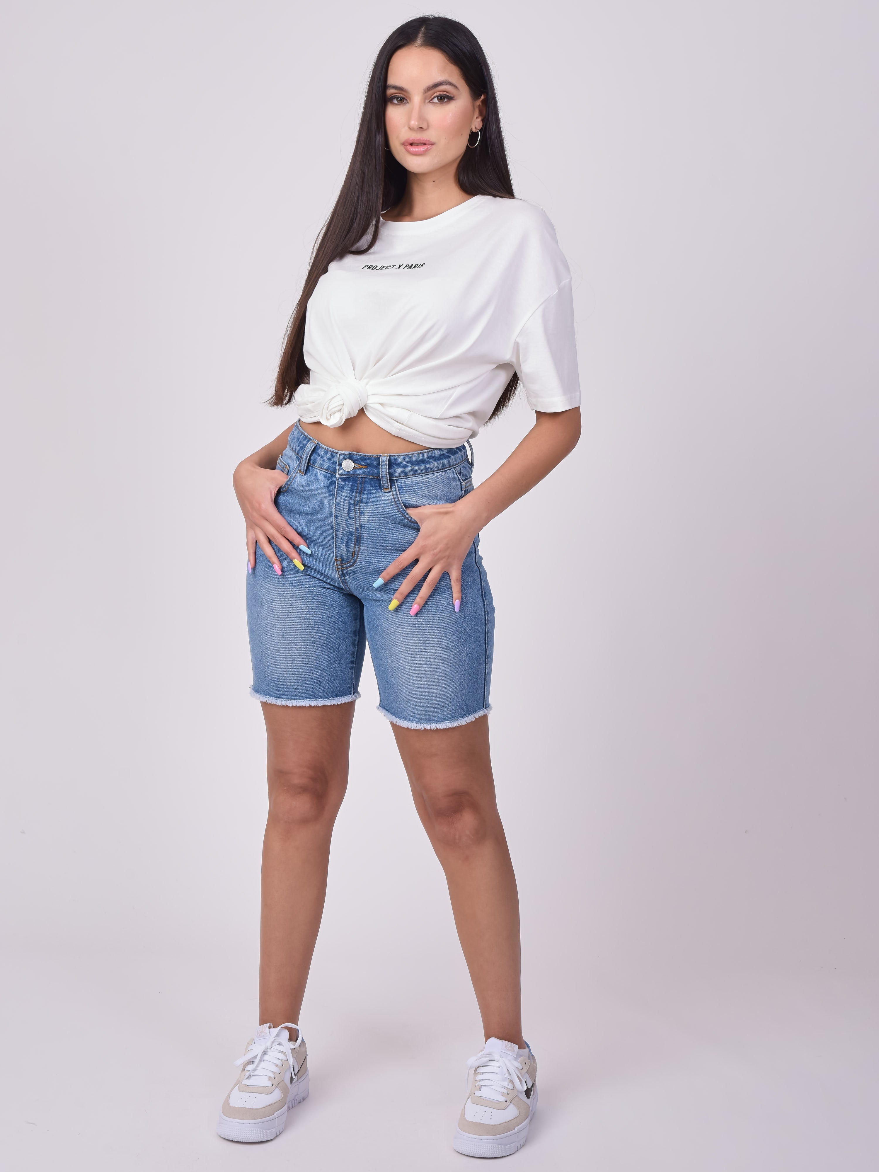 Denim short met rafelrand-2
