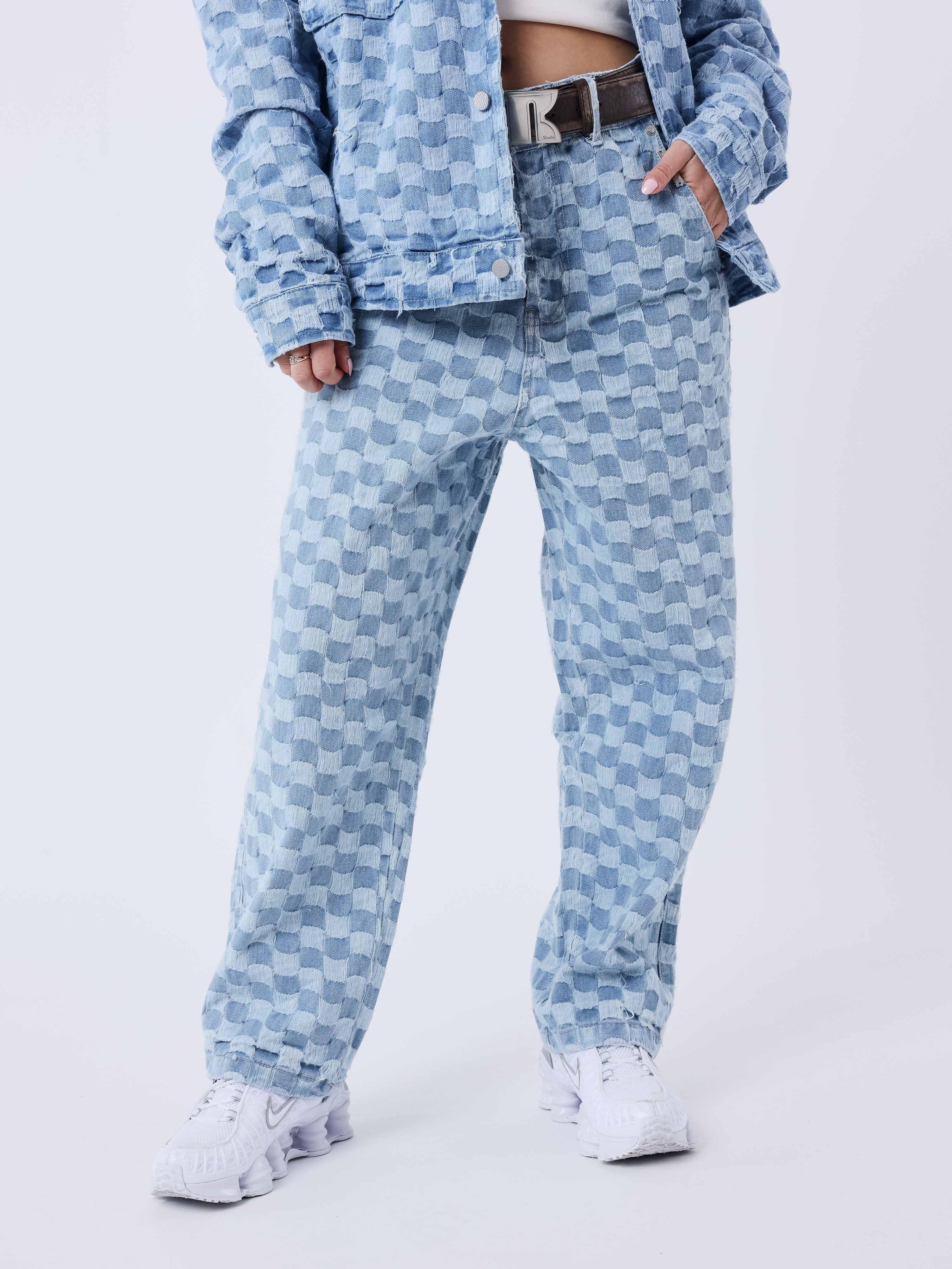 pantalon-kalash-x-pxp-en-denim-a-motif-damier-bleu