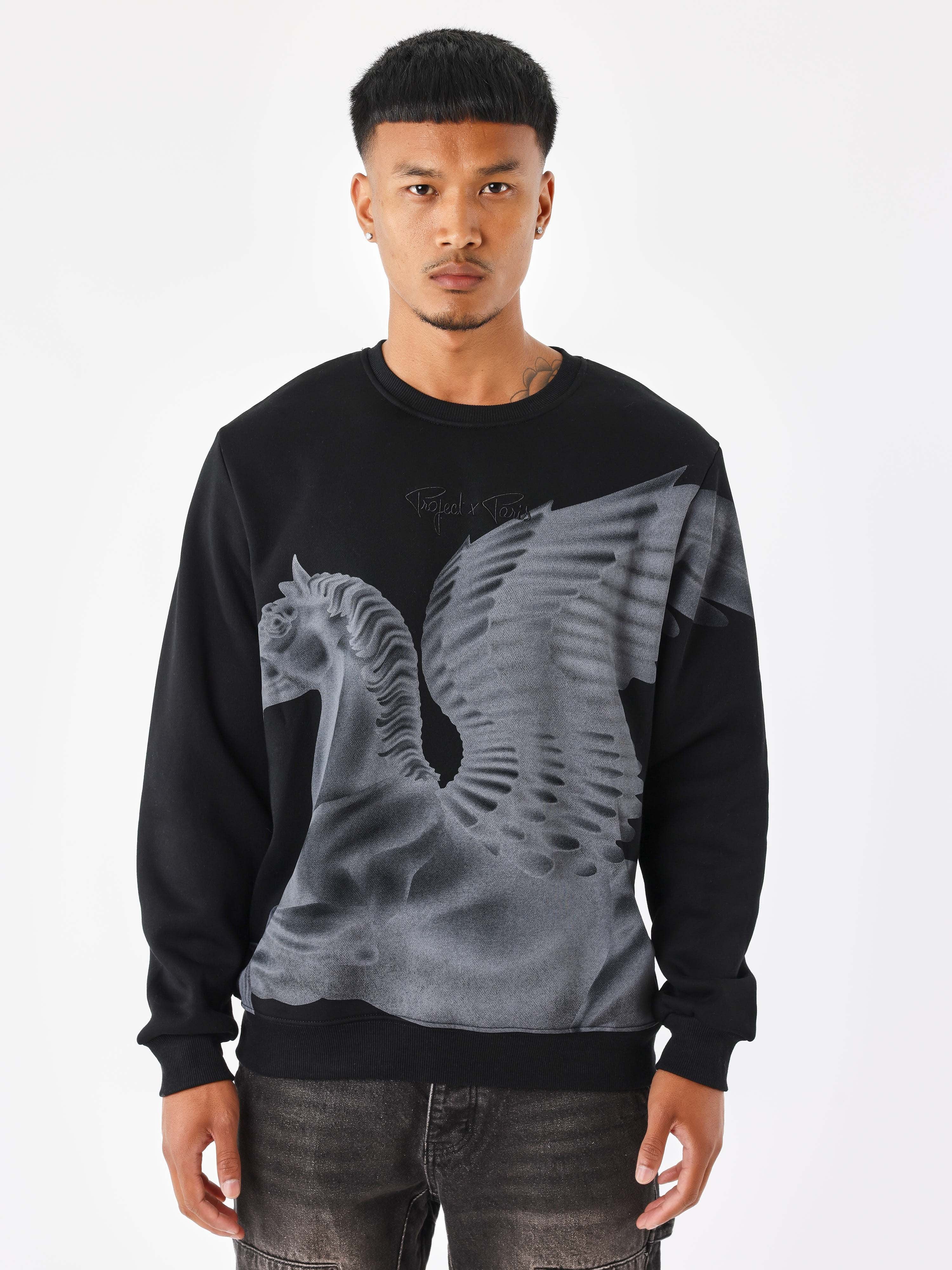 sweat-a-col-rond-motif-equestre-noir