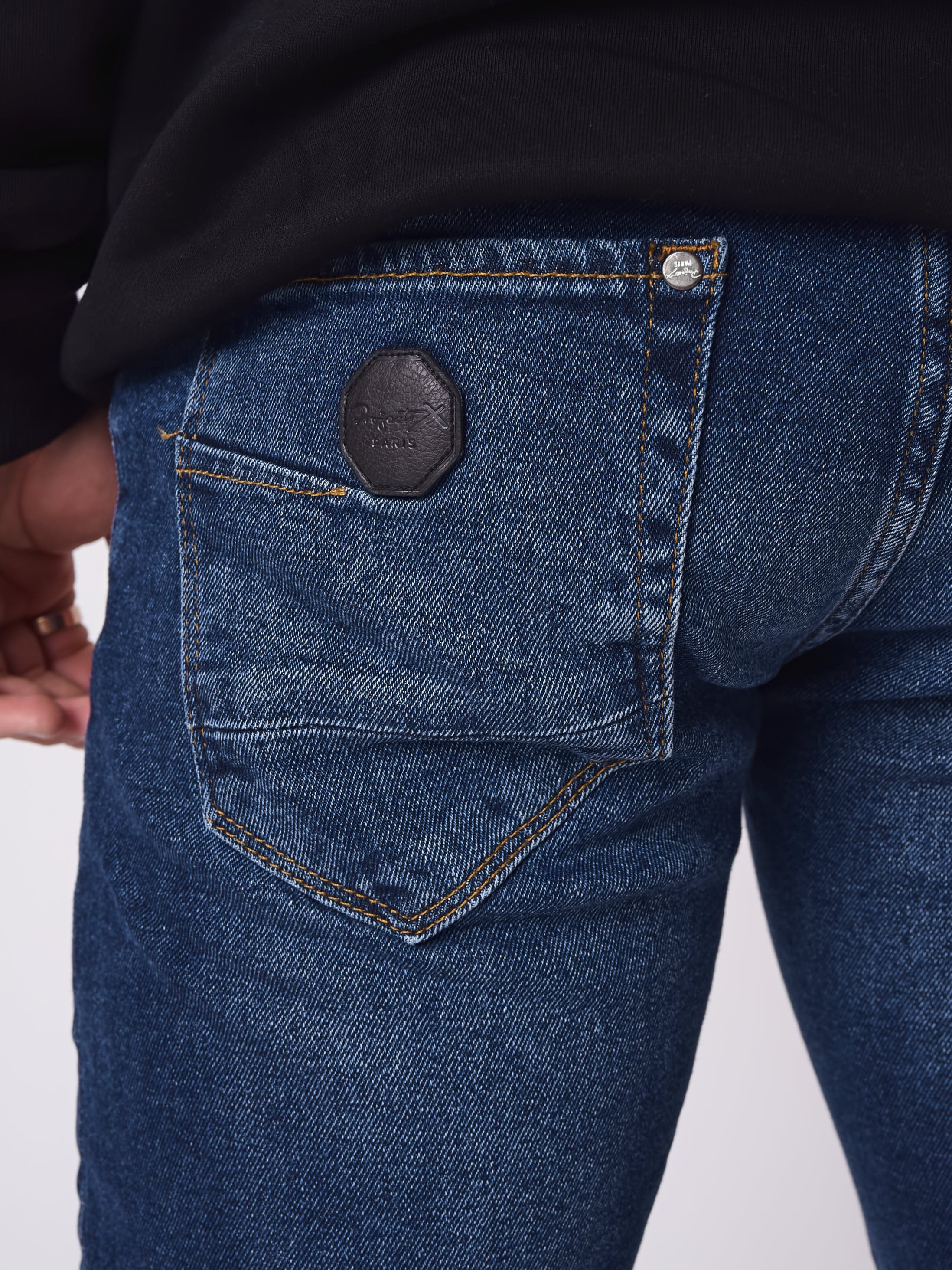 Jeans slim blu scuro effetto sabbiato e strappato-5