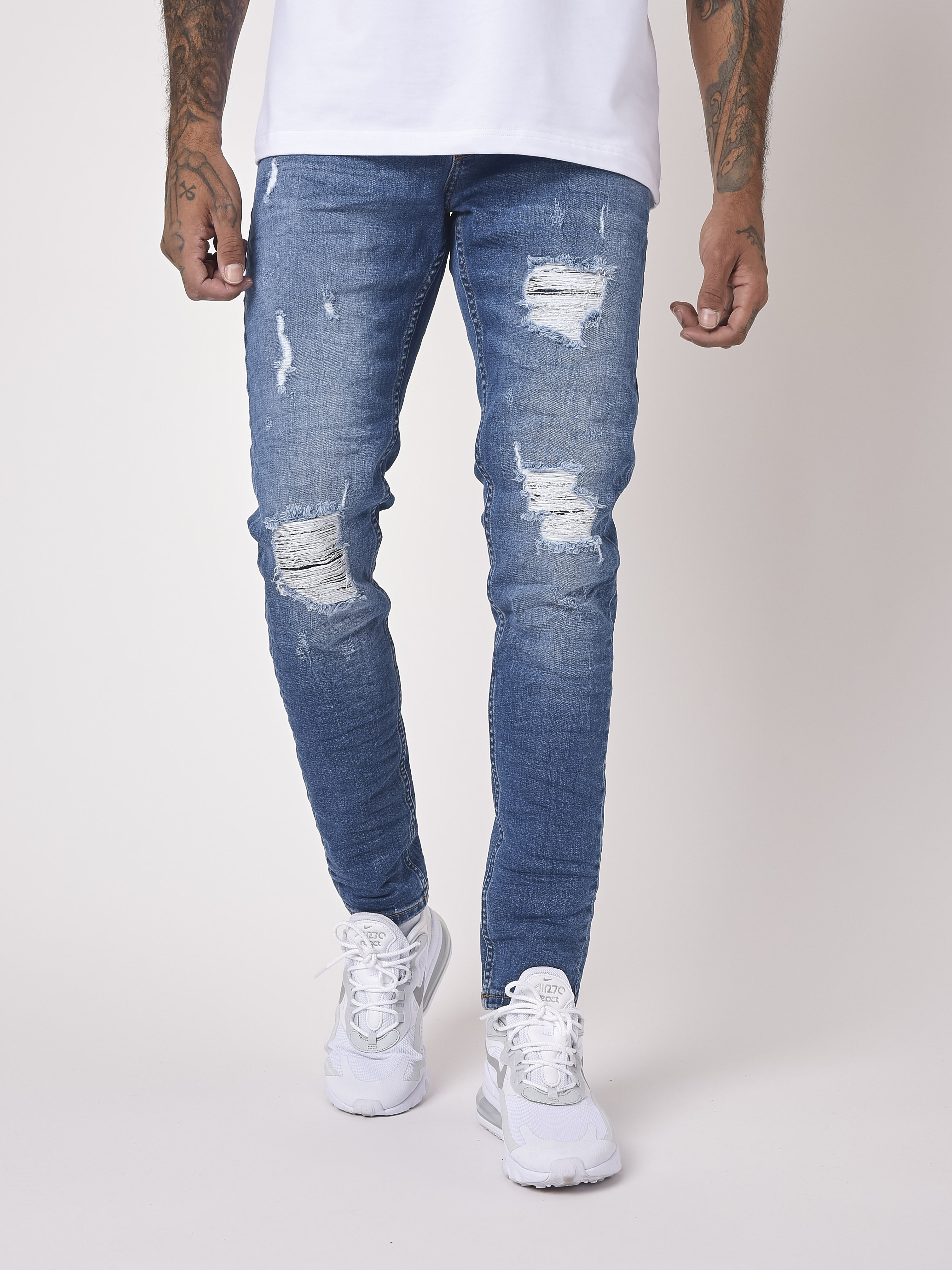 Blå slim fit basic jeans med huller-1
