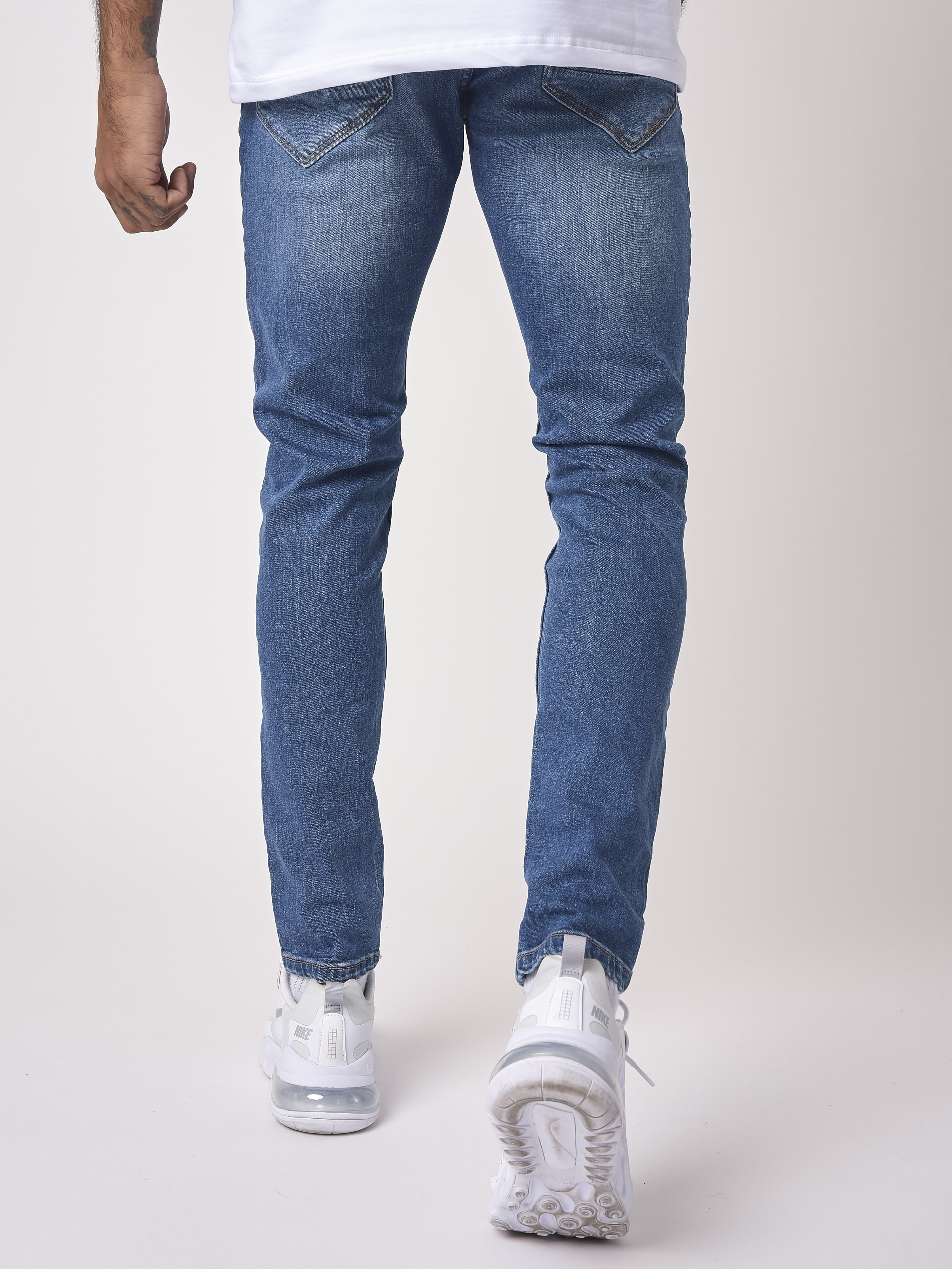 Blå slim fit basic jeans med huller-2