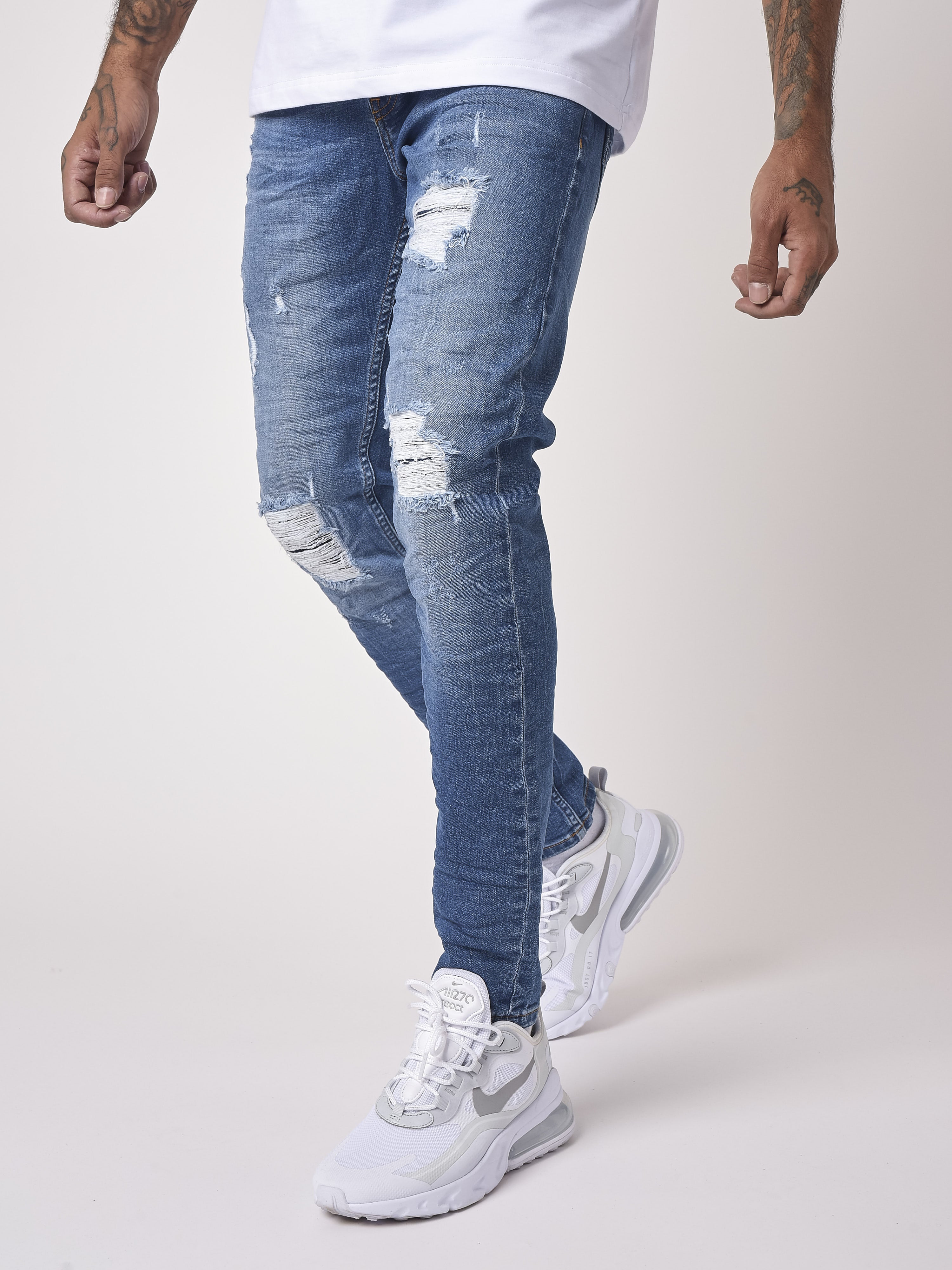 Blå slim fit basic jeans med huller-3