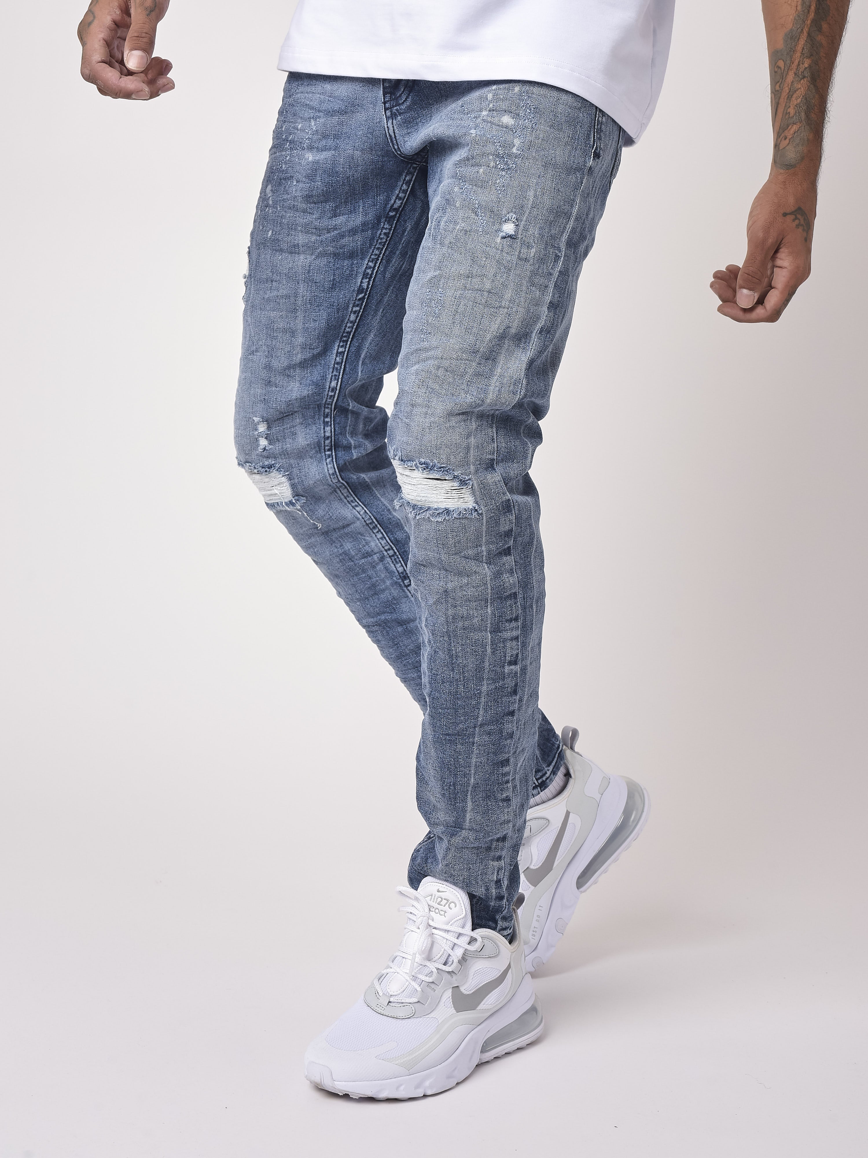 Slim fit jeans in grijsblauw met versleten look en gaten-3