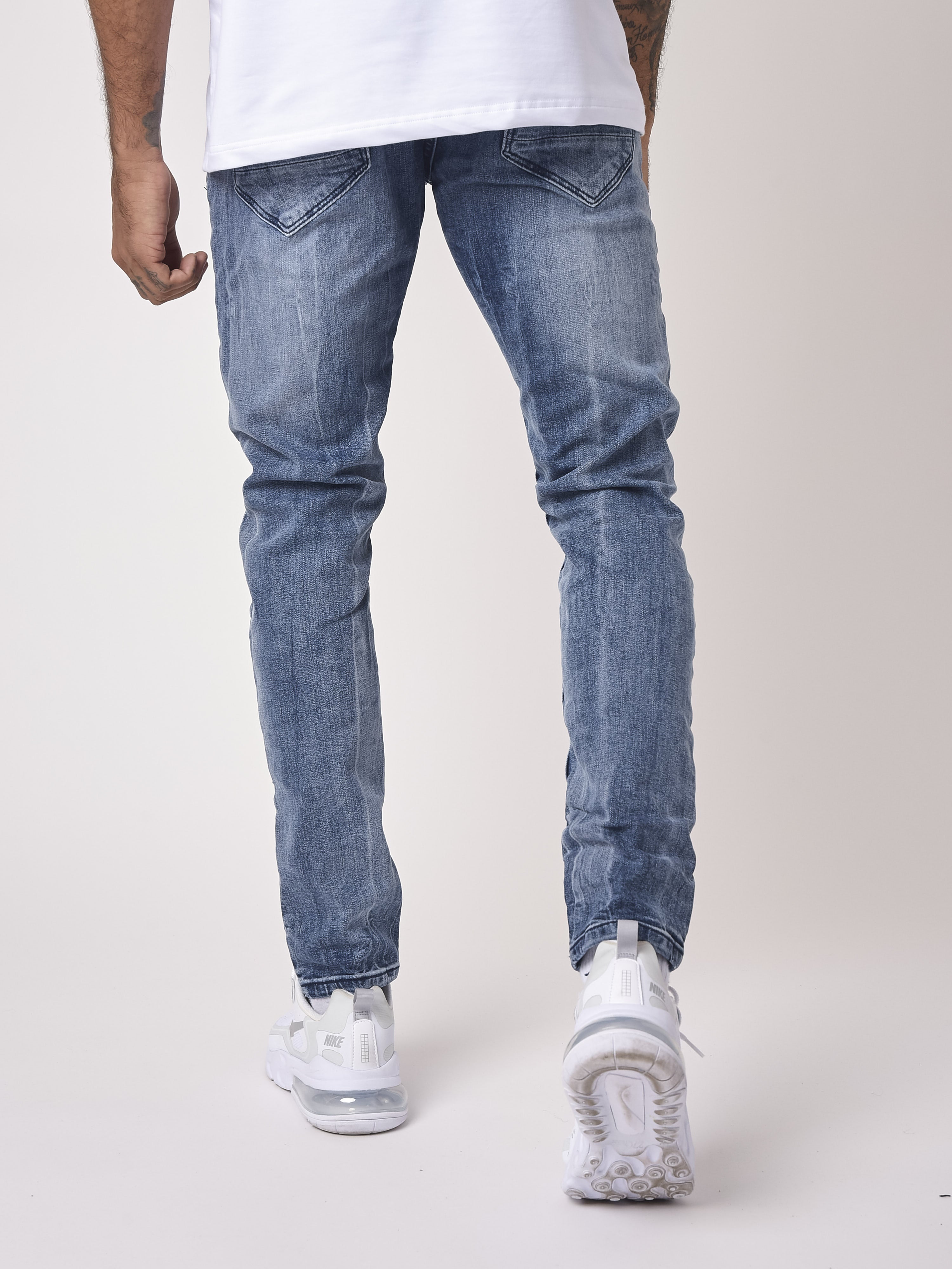 Slim fit jeans in grijsblauw met versleten look en gaten-4