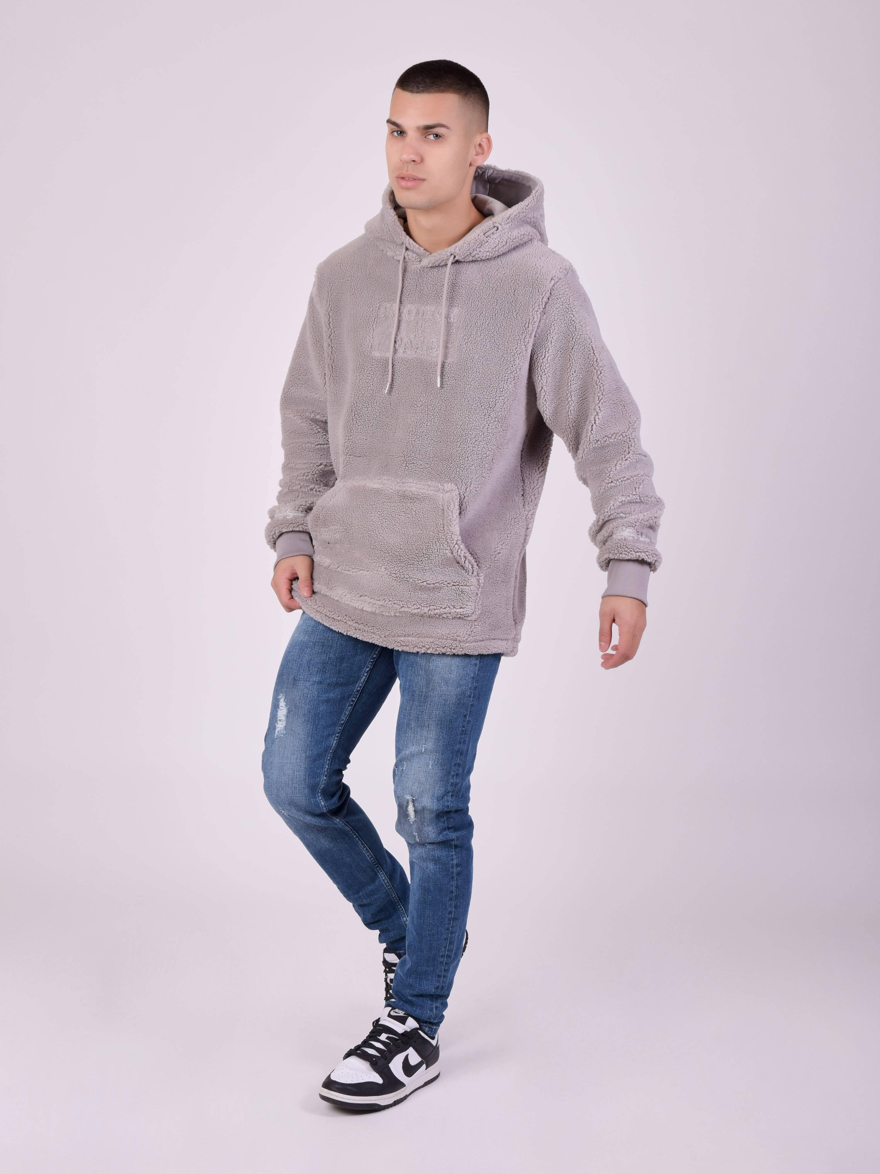Fleece like hooded sweatshirt with embossed logo